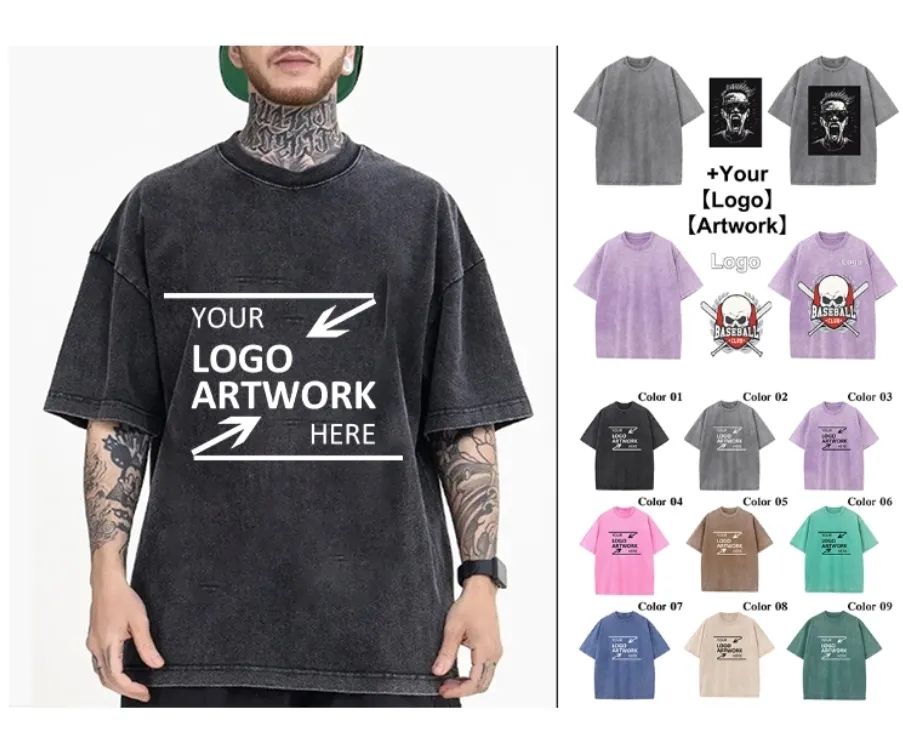 Wholesale 230g Washed Cotton Tee Bulk Order Custom Logo Tshirt 5