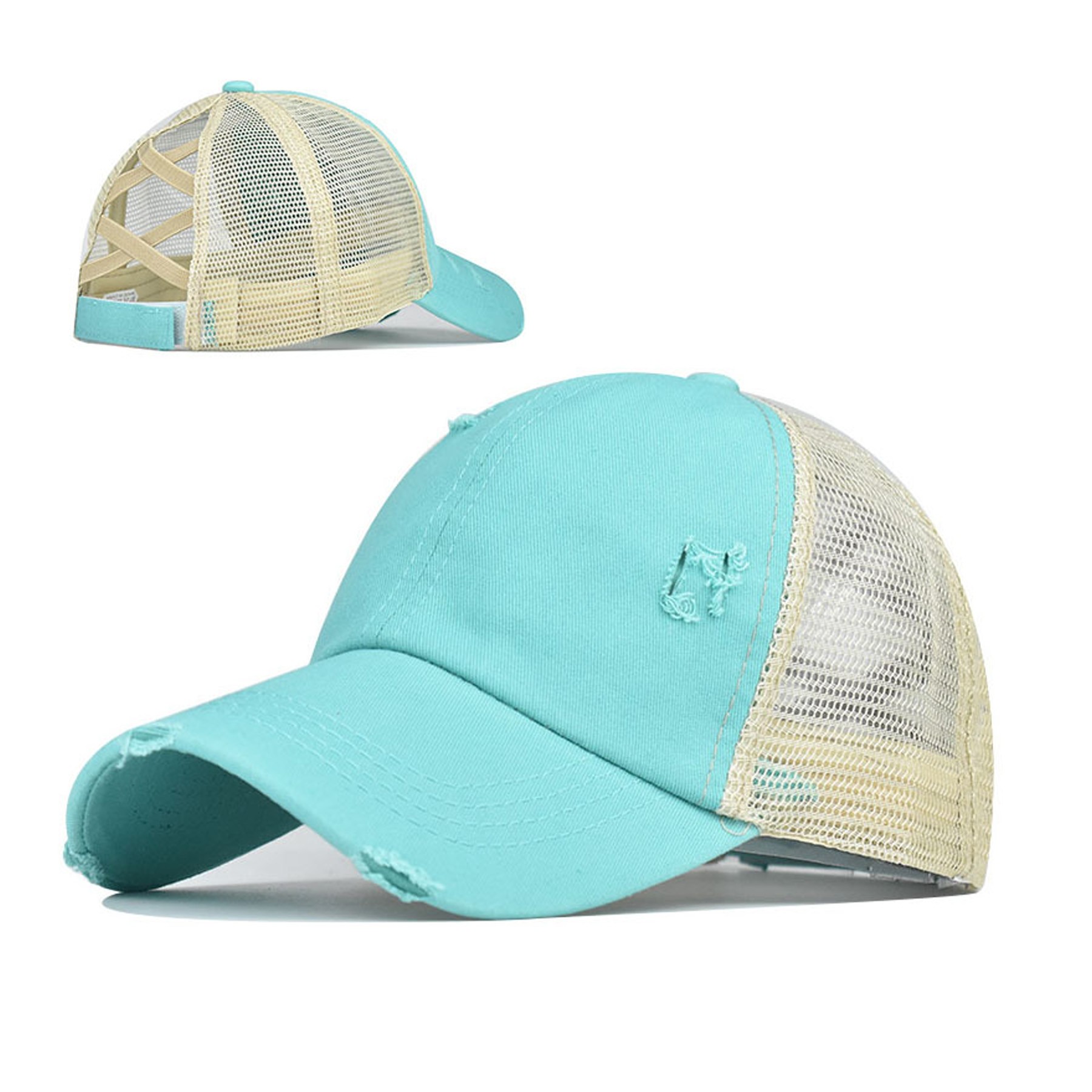 Washed Denim Criss Cross Ponytail Trucker Cap 7
