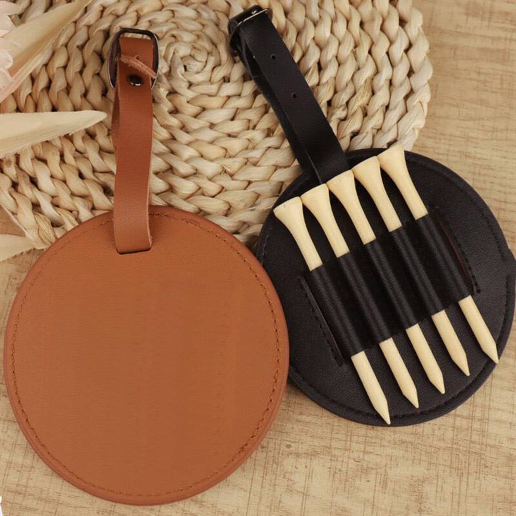 Premium Leatherette Golf Tee Holder Pouch with 5 Wooden Tees 2