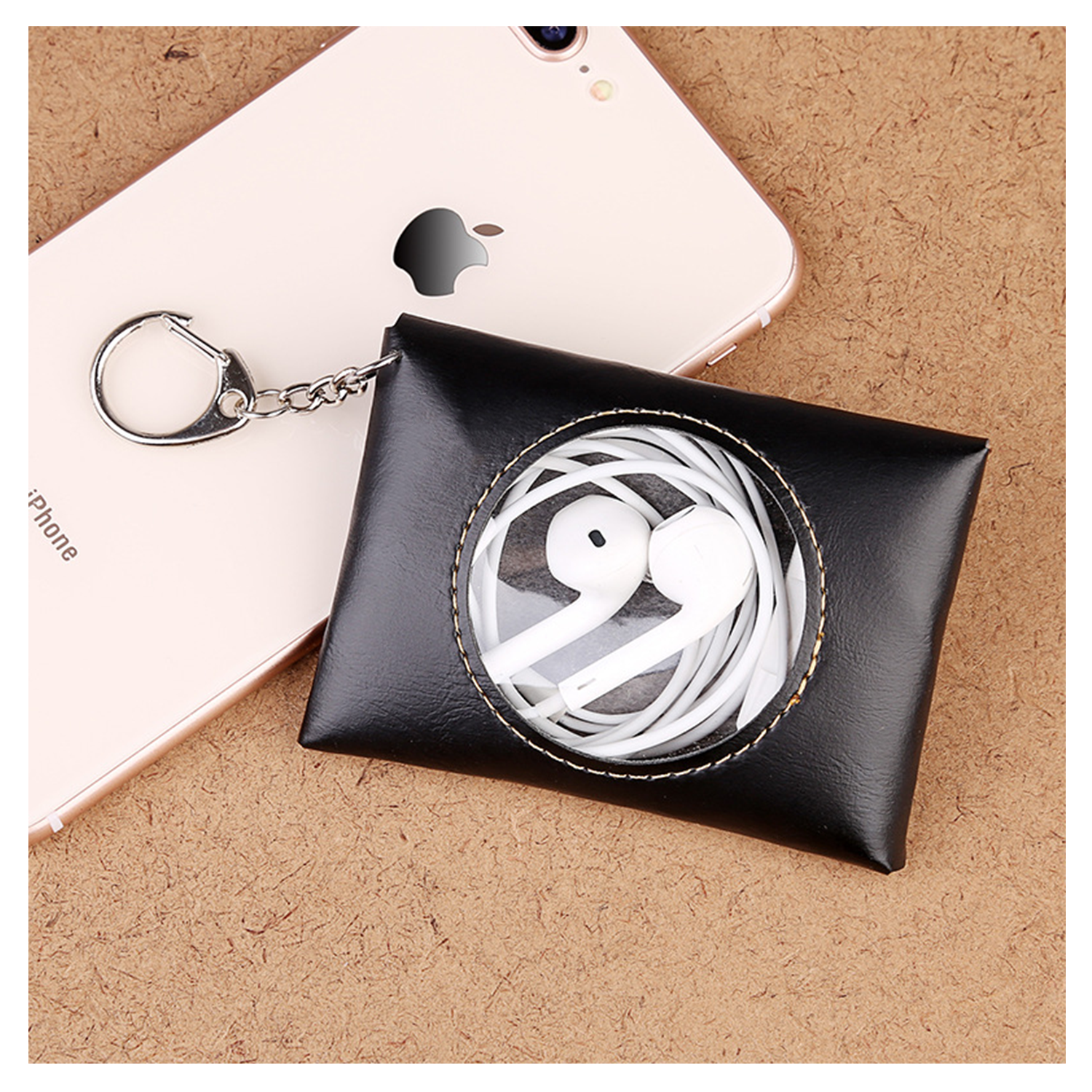 PU Leather Earphone Bag With Key Chain 4