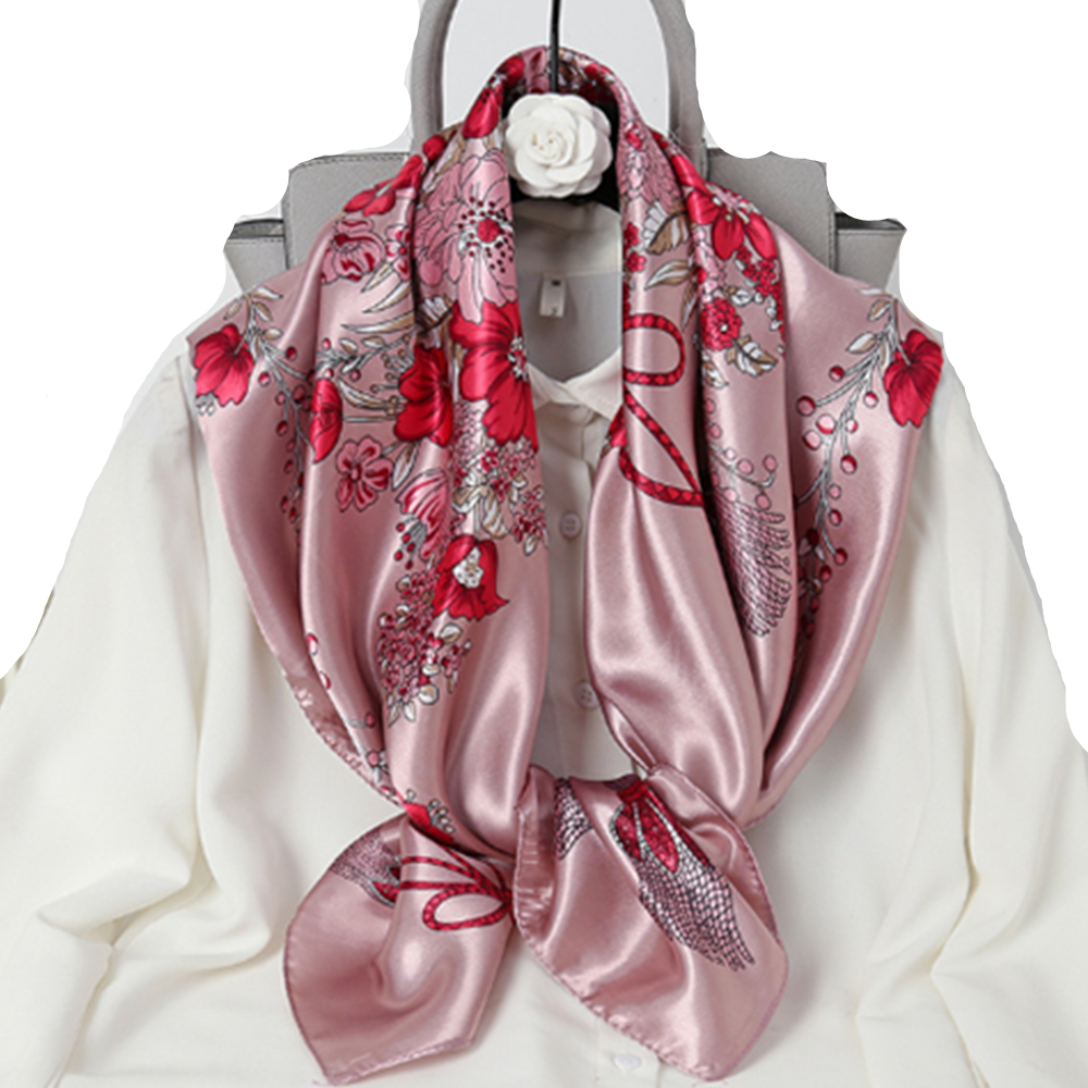 Lady's Satin Floral Printing Square Shawl 7
