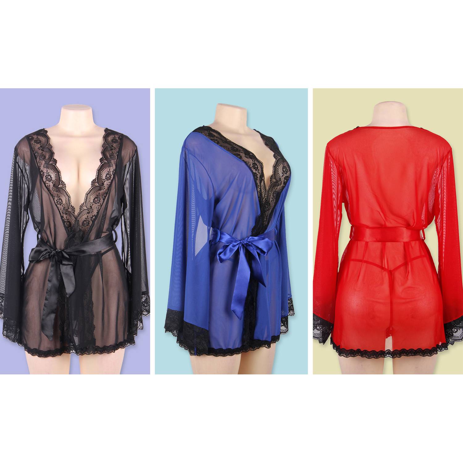 Women Long Sleeve Sheer Lace Nightgown Sleepwear 6