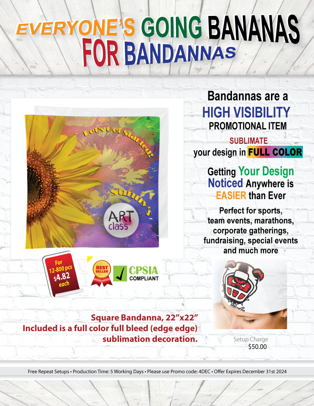 Square Bandana, 22x22, Sublimated Edge to Edge 1 side (# 1 Seller) 3