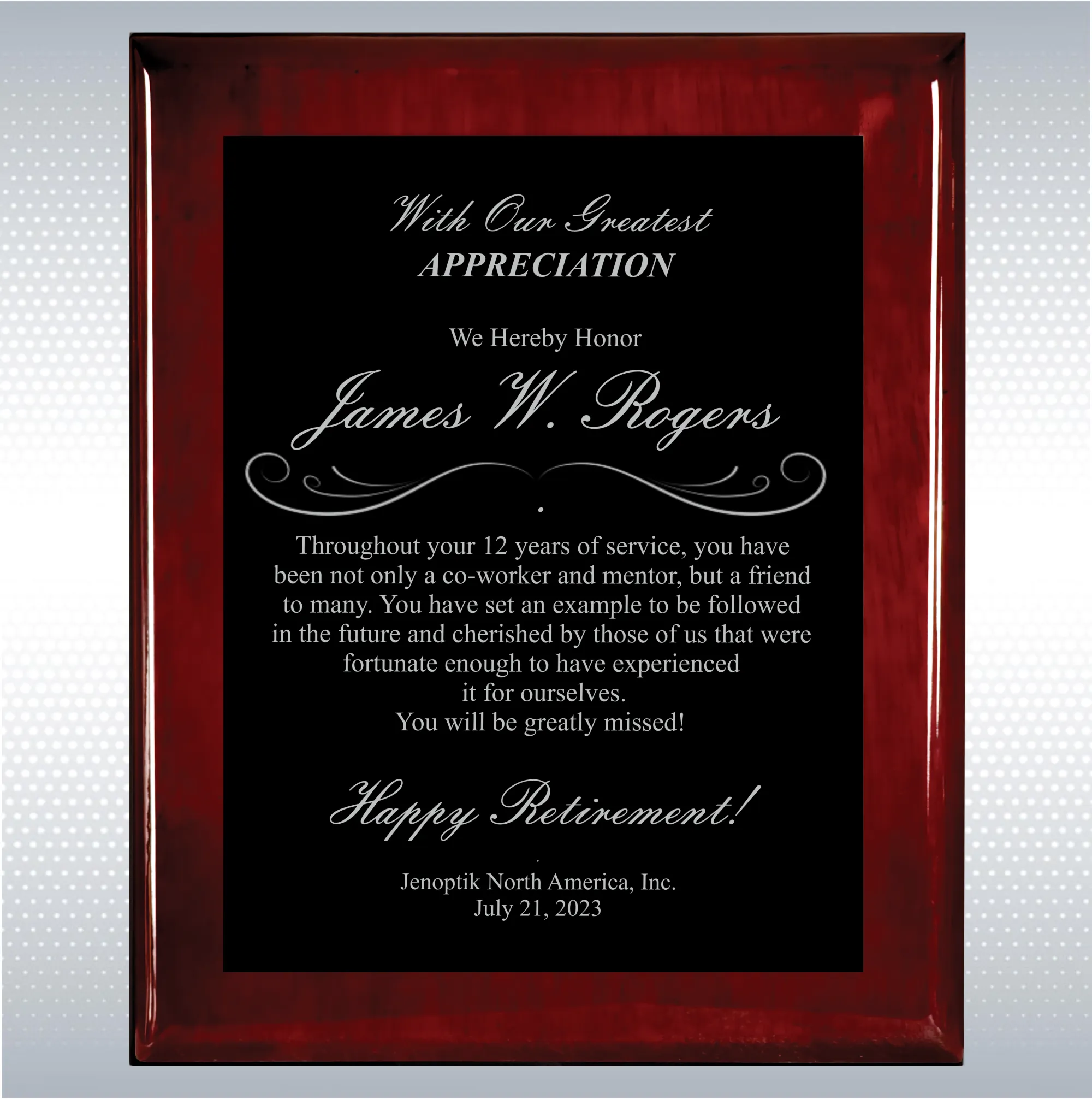 Rosewood Piano Finish Wood Plaque Retirement Gift Award 7