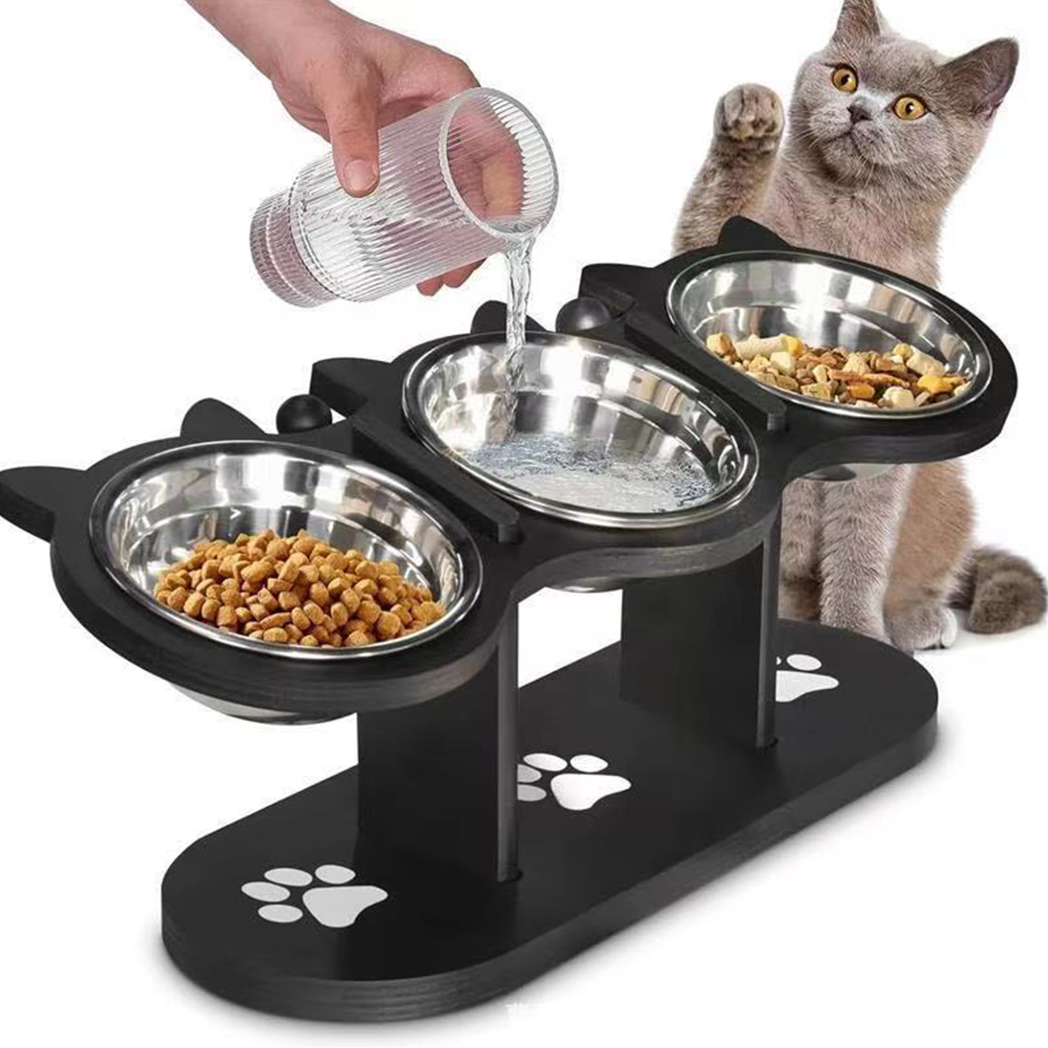 Adjustable Wooden Pet Feeder Stand with 3 Stainless Bowls 5