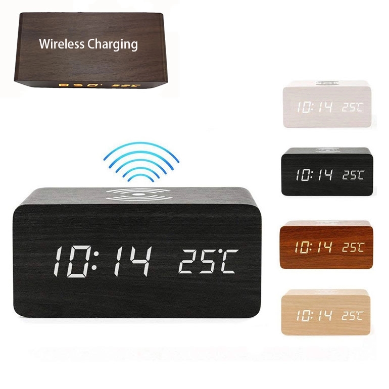 Wireless Charging Wood LED Clock 1