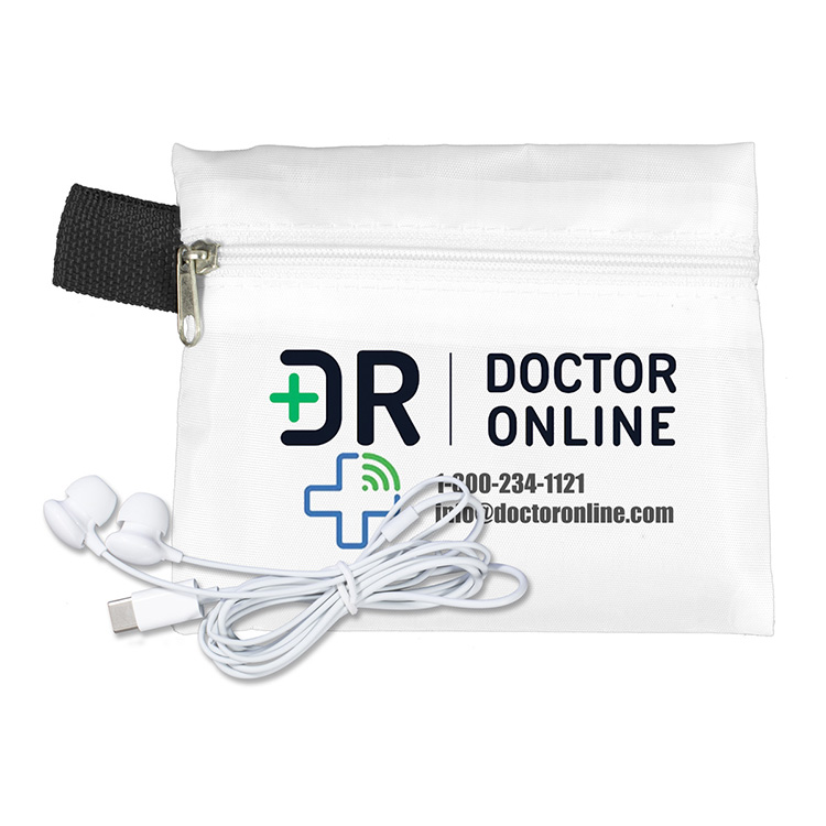 Mobile Tech Earbud Kit In Zipper Pouch Components inserted into Polyester Zipper Pouch 21