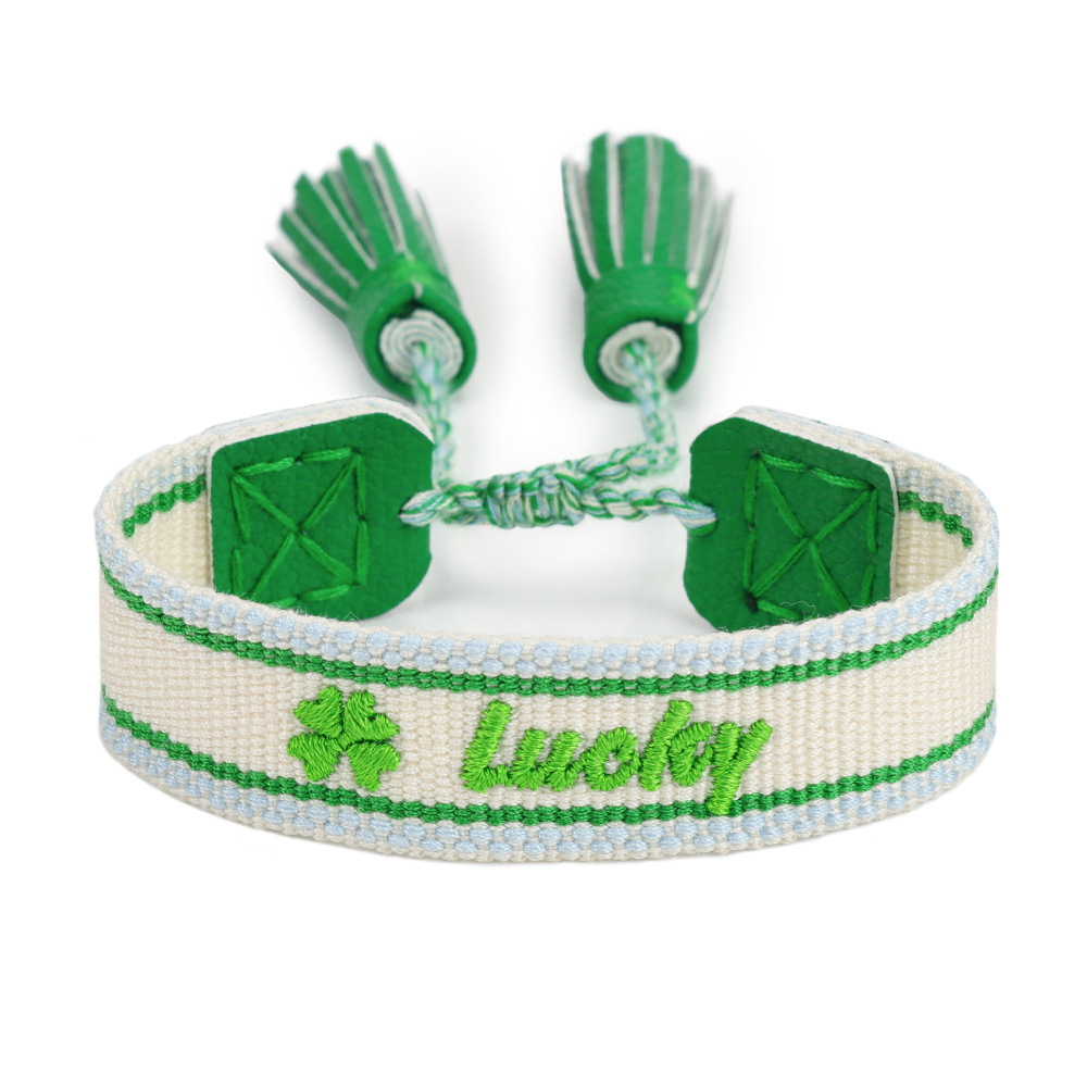 Embroidered Woven Bracelet With Leather Locking 2