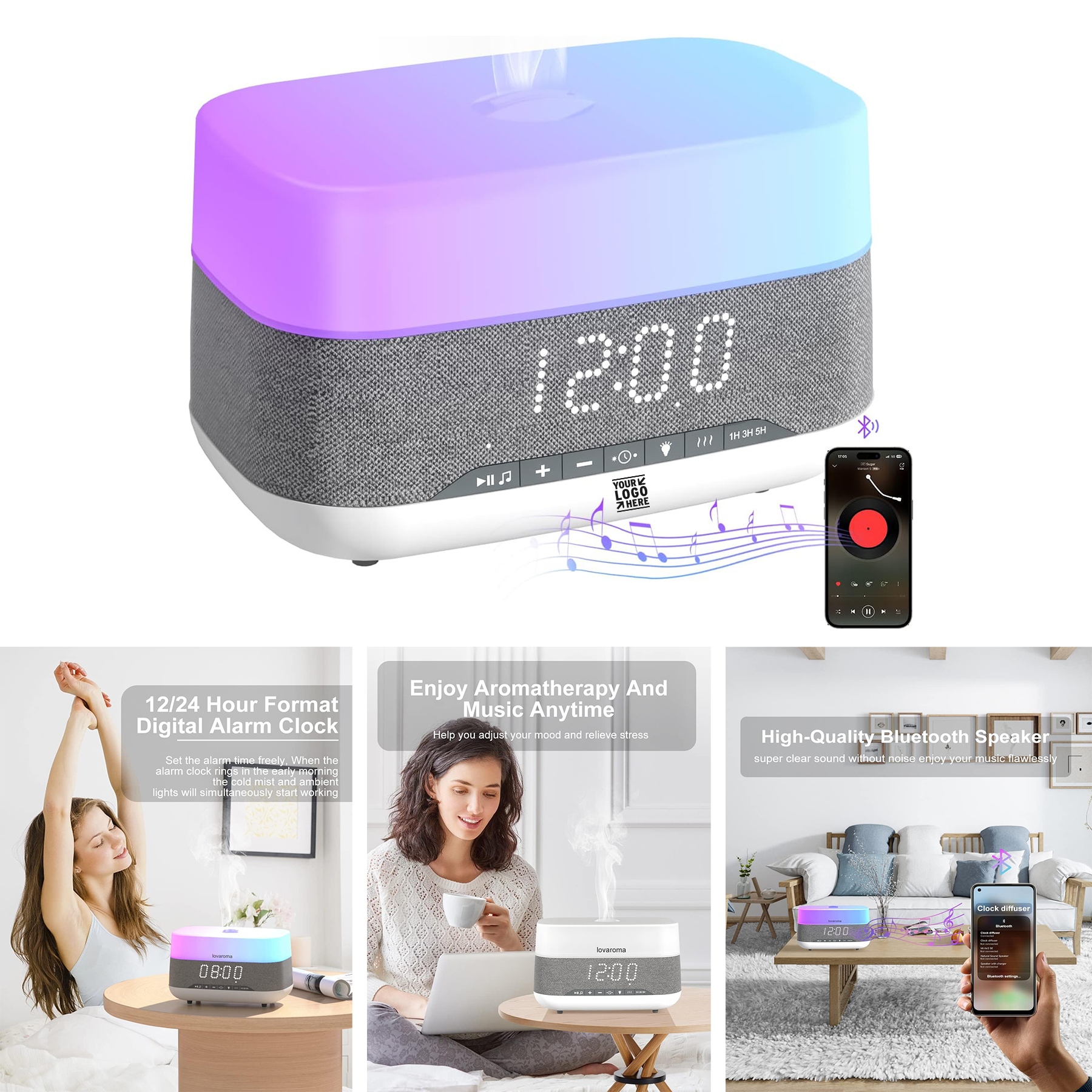 5 Timer Bluetooth Speaker Alarm Clock Cool Mist Humidifier Home 300ml Essential Oil Aroma Diffuser  2