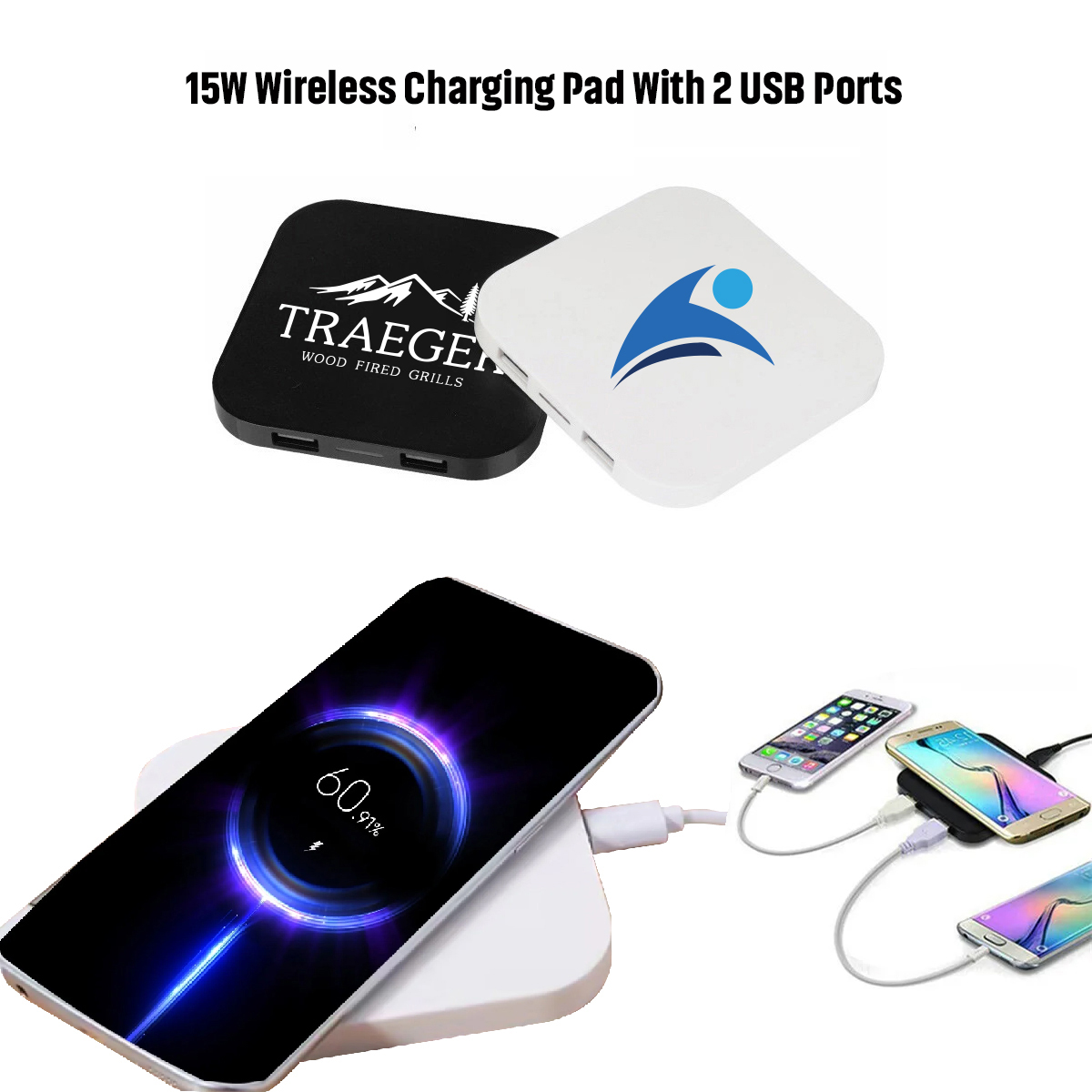15W Wireless Charging Pad For Cell Phones With 2 USB Charging Ports 2