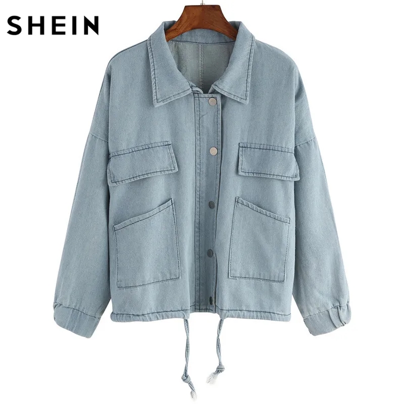 Blue Hooded Denim Two Piece Coat with Drawstring and Pockets 2