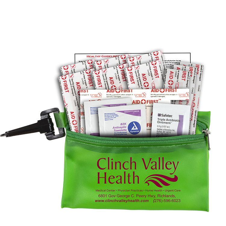 "TROUTDALE PLUS" 14 Piece First Aid Kit in Translucent Zipper Kit with Plastic Carabiner Attachment 18