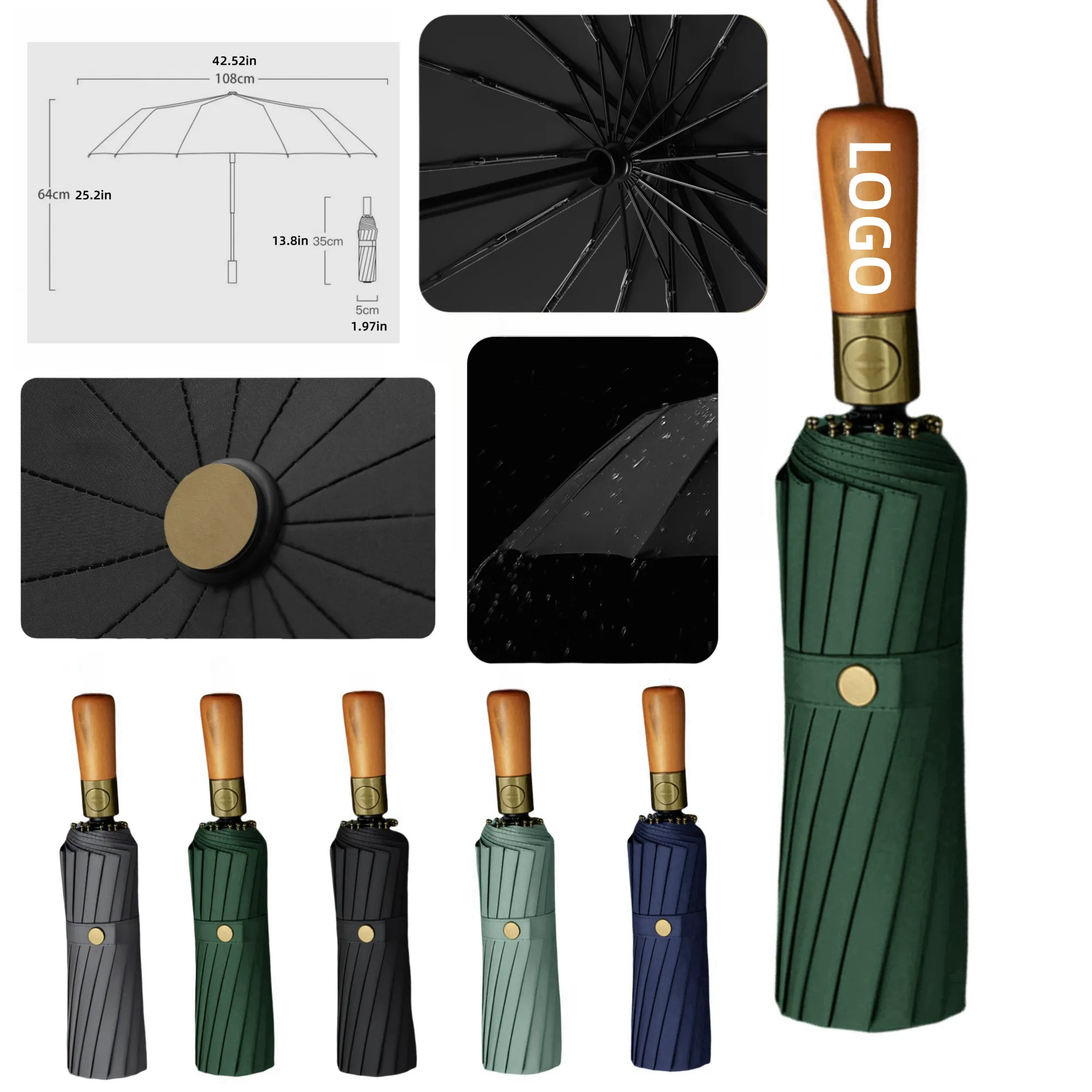 16 - Rib Wooden - Handle Auto Open All - Weather Umbrella 18