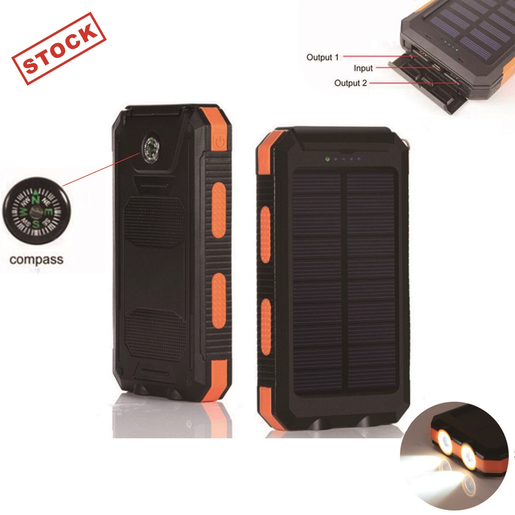 STOCK-Outdoor Solar Power Bank with LED Flashlight & Compass 1