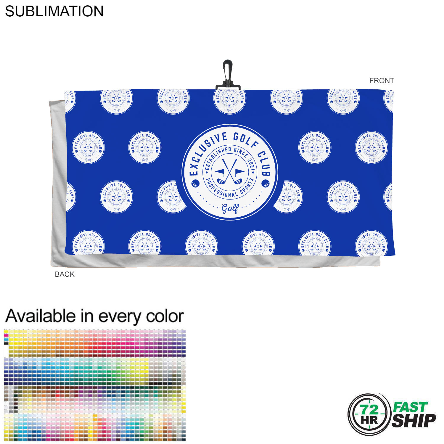72 Hr Fast Ship - Oversized Golf Towel in Soft Velour Terry, 30x60, with Black Hook, Sublimated 2