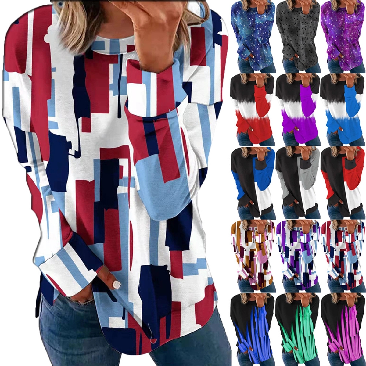 Long Sleeve Round Neck Casual Printed Blouses Tops T Shirts 3