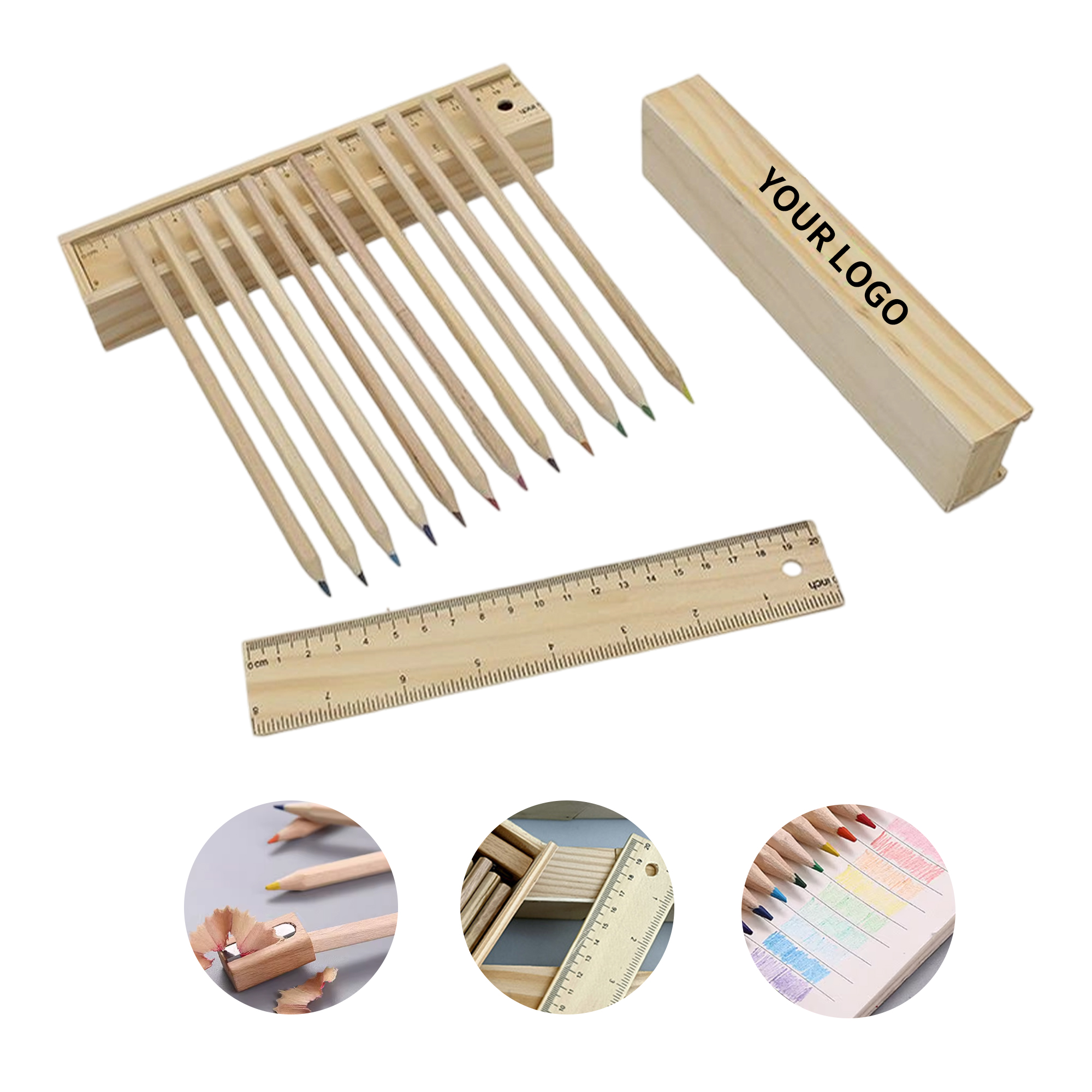 Wooden Ruler Box With Twelve Colored Pencils And Sharpener 1