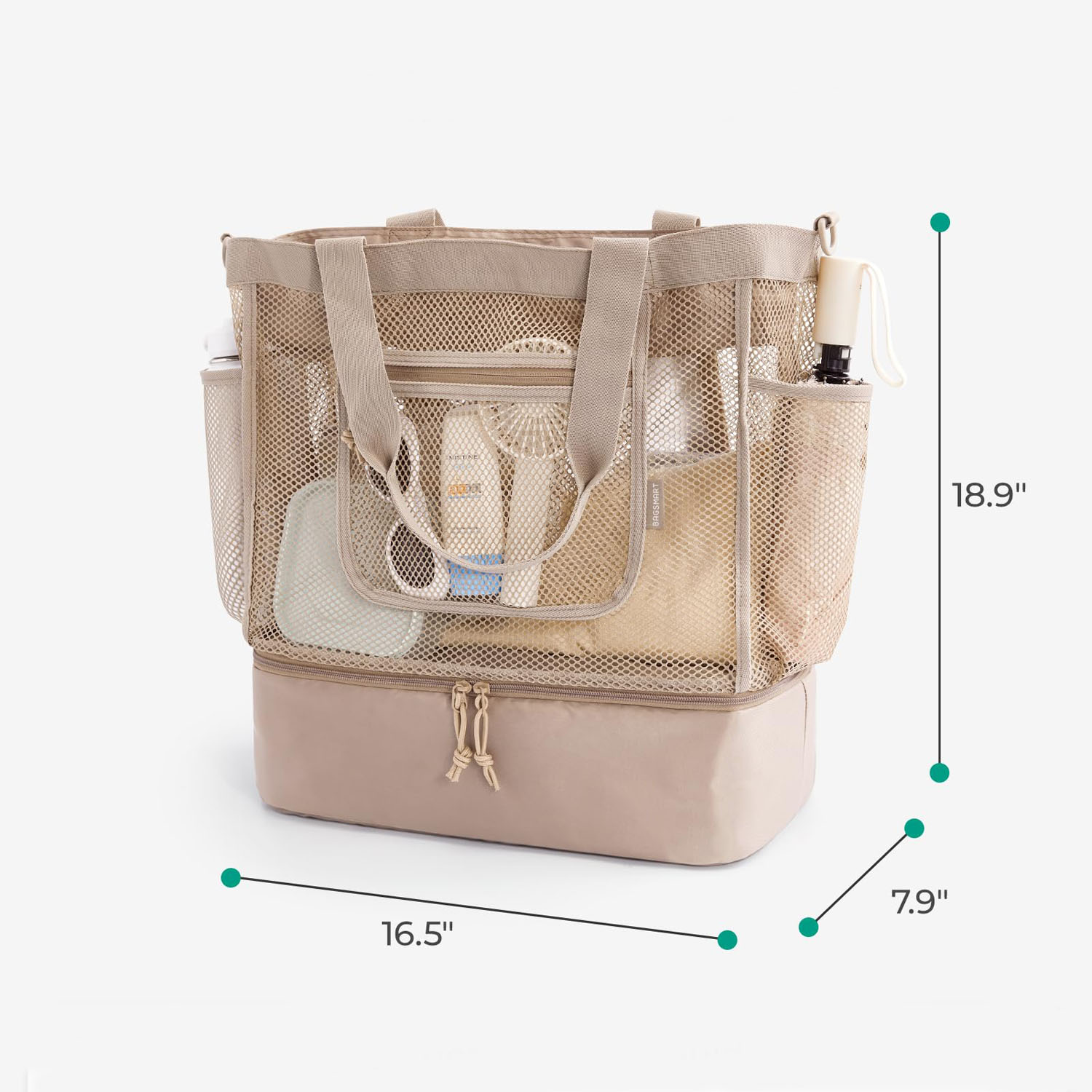 14L Cooler Compartment Nylon Mesh Beach Tote Bag 7