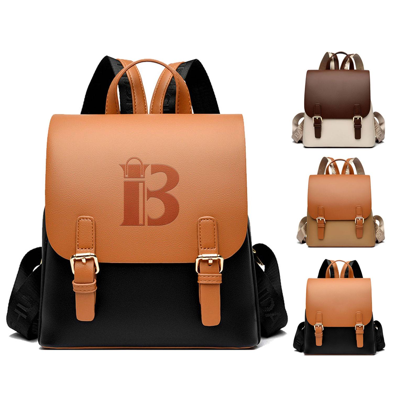 Women Compact PU Leather Backpack w/ Double Lock Clasp