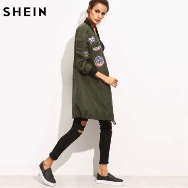 Army Green Mesh Long Casual Jacket with PU Leather Patch 4