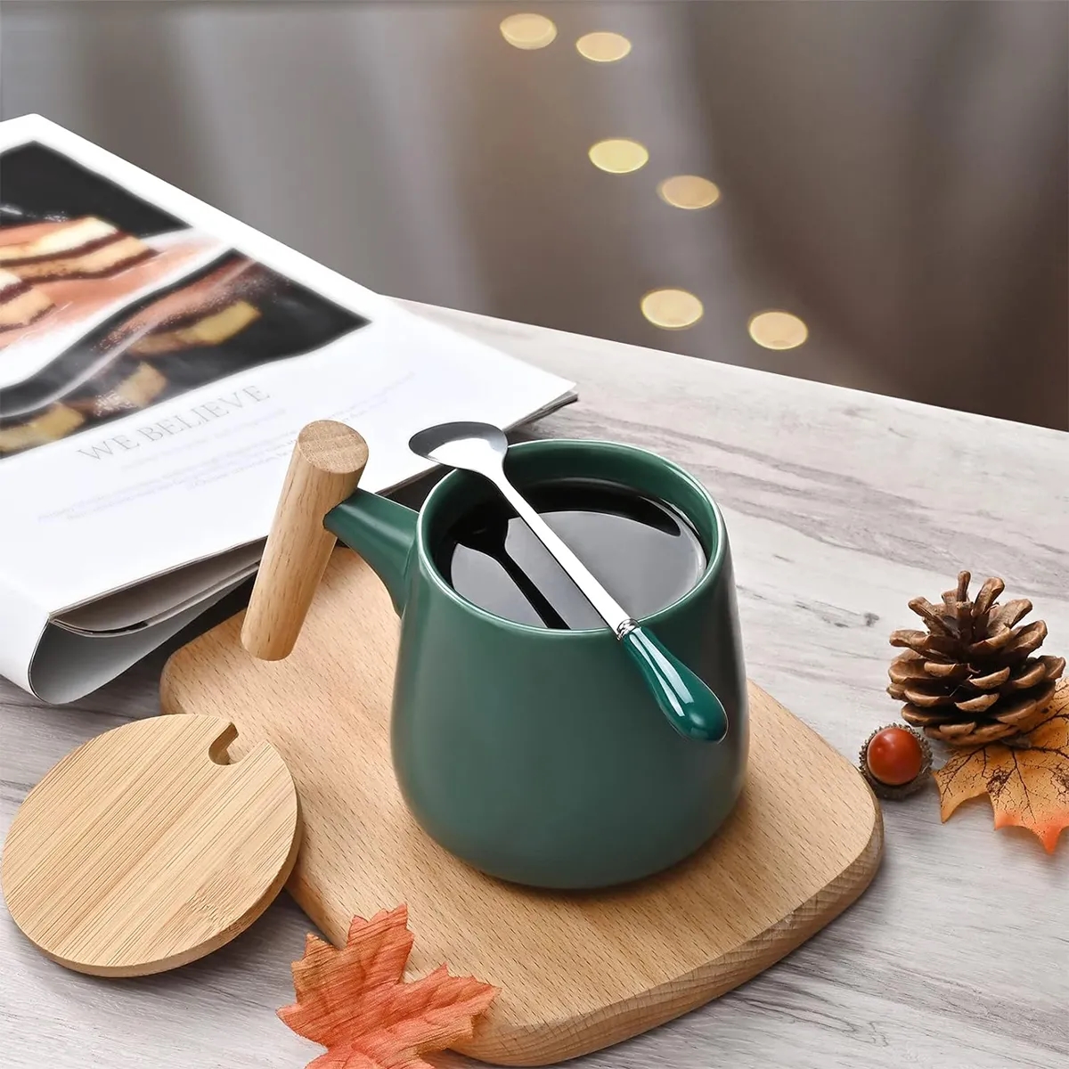 13 Oz. Ceramic Coffee Tea Mug Cup With Wooden Handle Lid 6