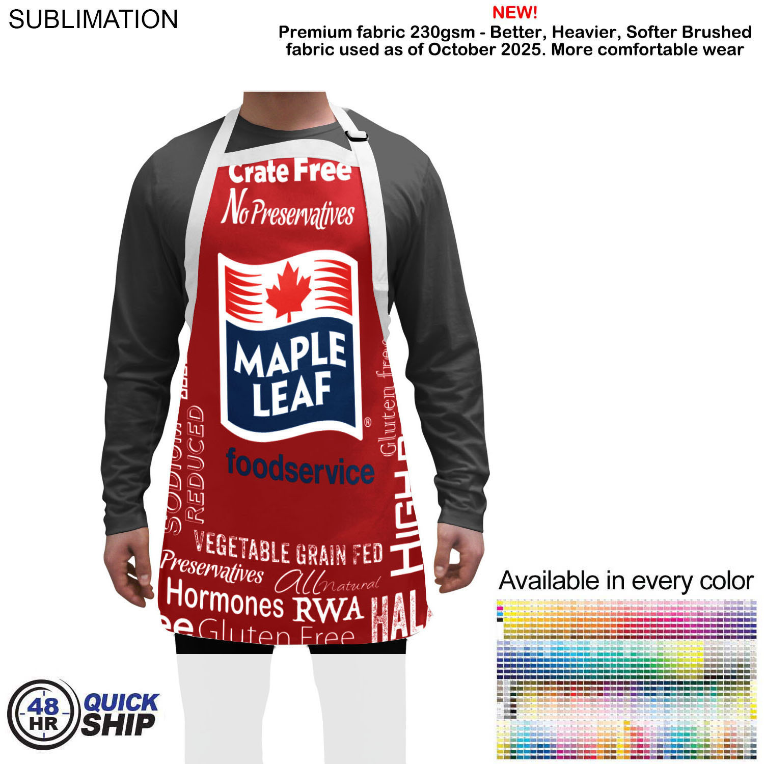 48 Hr Quick Ship - Domestic made Bib Apron, 25x28, No pockets, Adjustable Neck, Sublimated 2