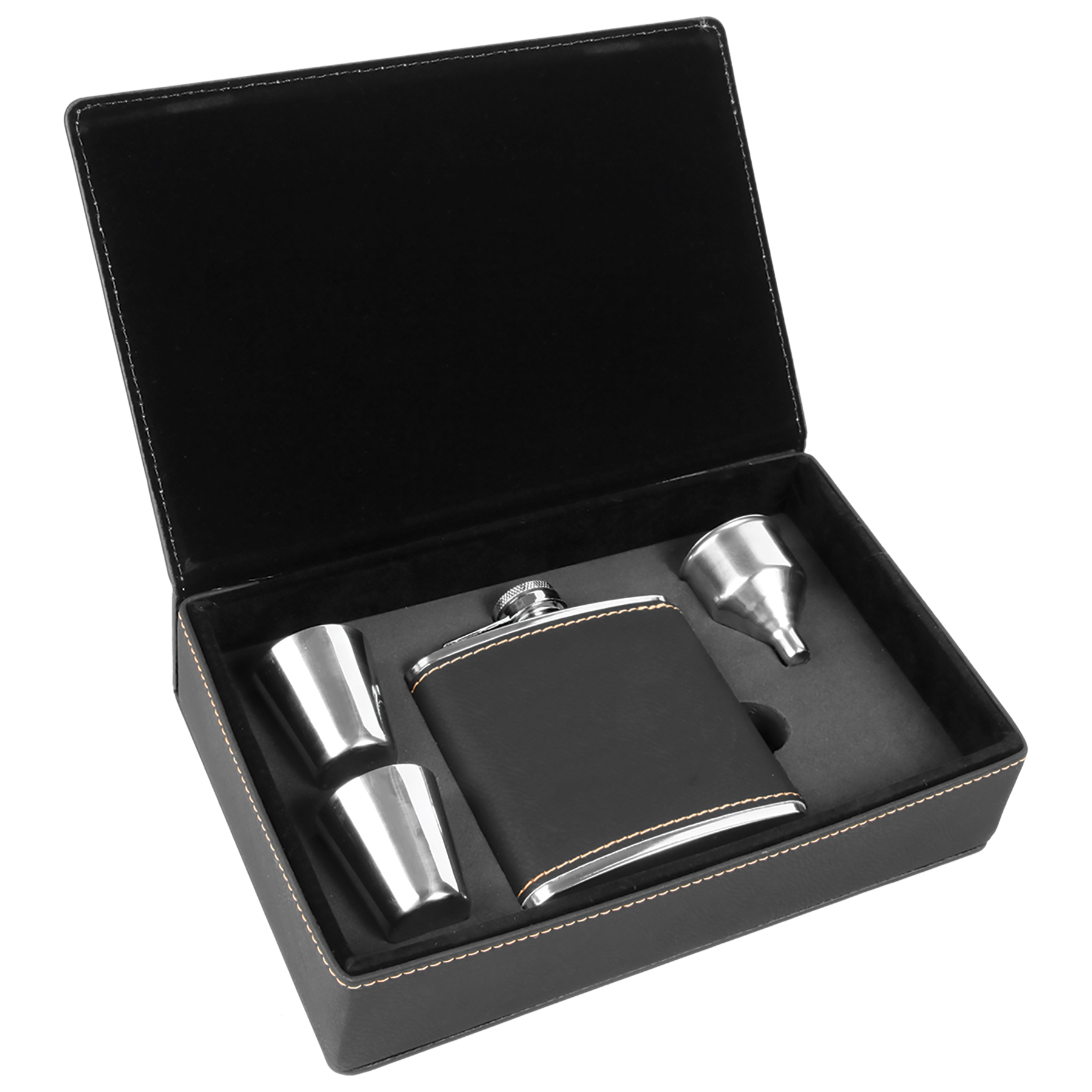 Stainless Steel Black/Gold Leatherette Flask Gift Set 3