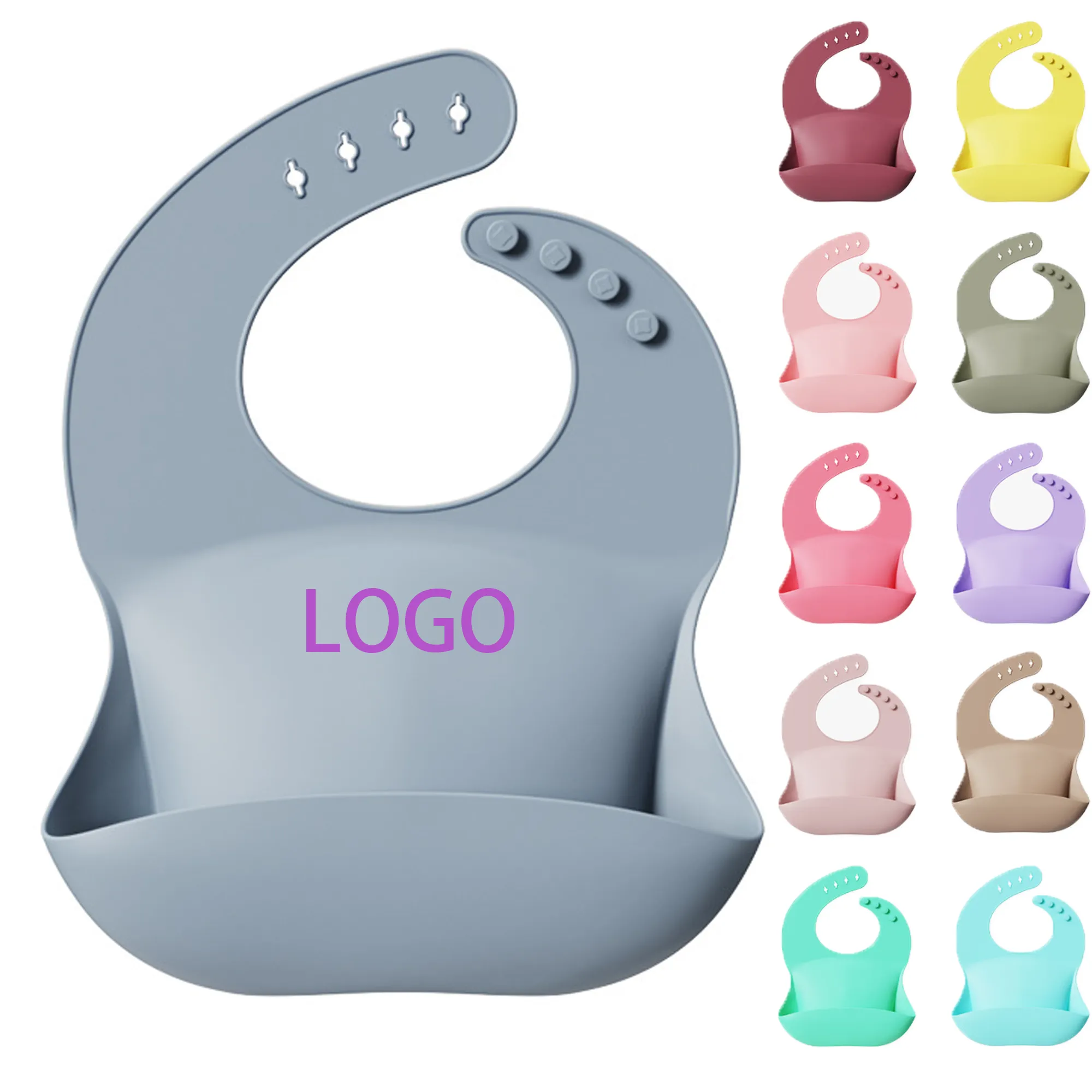 MOQ 50 Silicone Baby Bib Adjustable Deep Pocket Feeding 2