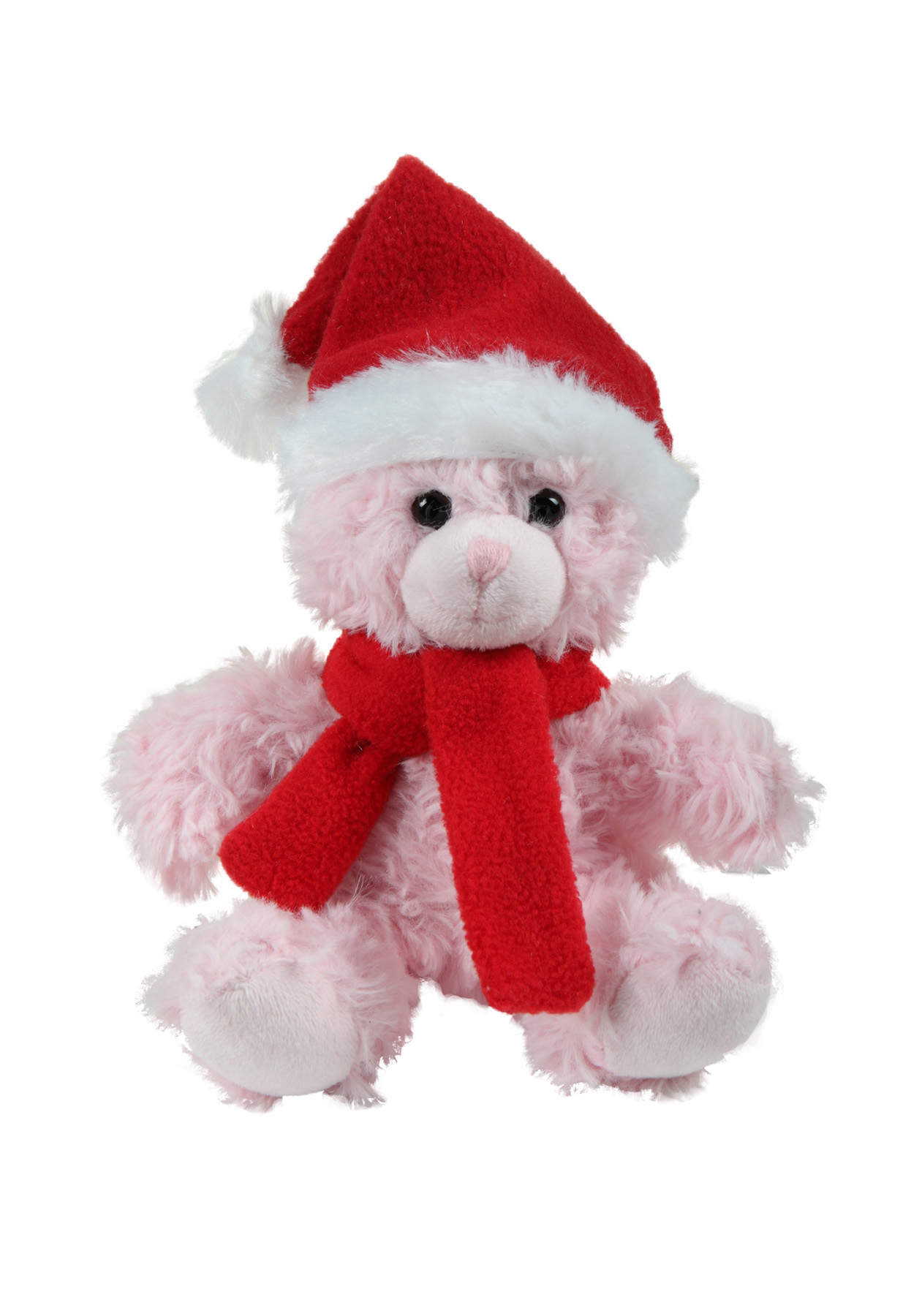 soft plush Pink Curly Sitting Bear with Christmas scarf &hat 3