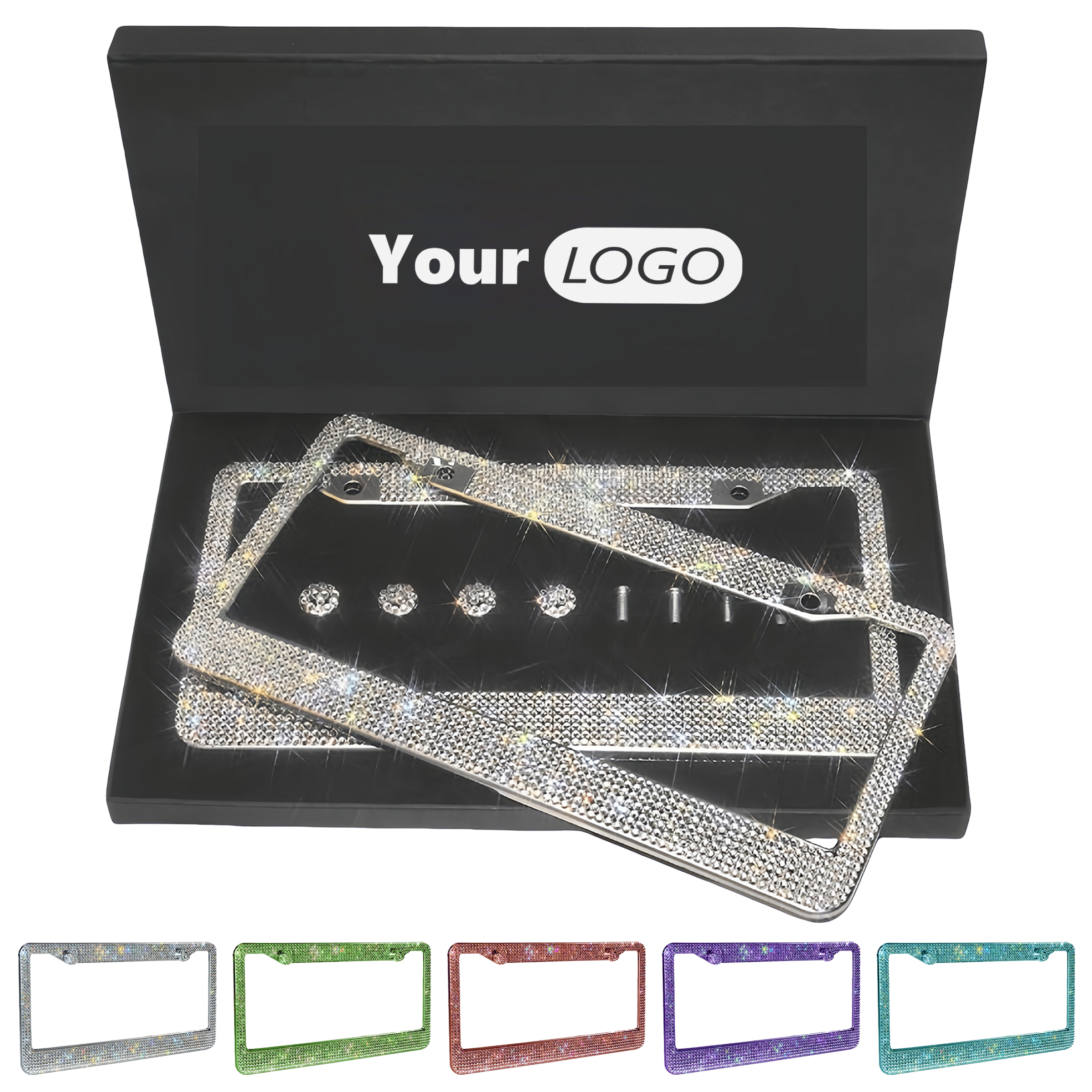 Stainless Steel Sparkling Rhinestone License Plate Frame Set 3