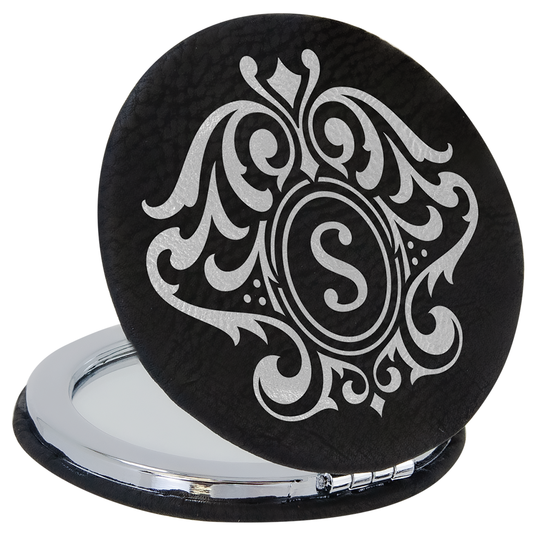 2 1/2" Black/Silver Leatherette Compact Mirror 2