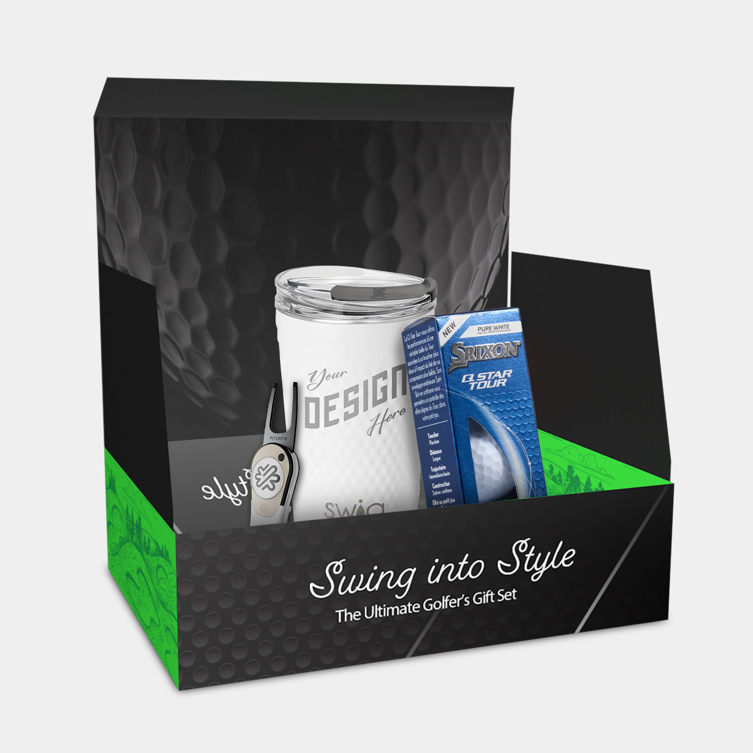 24 oz SWIG® Golf Cup SS Tumbler, Srixon® Golf Balls & Pitchfix® Icon Divot Tool Gift Set 1