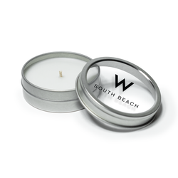 2 oz Mini Tin Travel Candle Silver/Clear Lid with 4-C Imprint