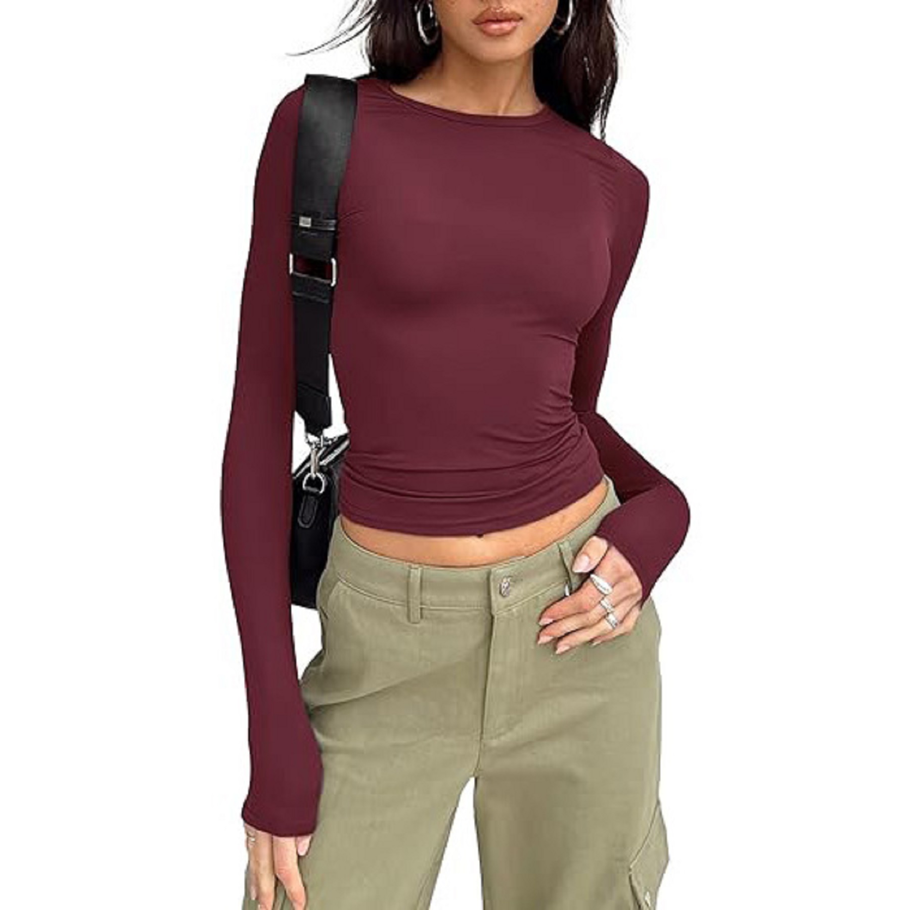 Women's Long Sleeved Shirt Basic Crop Top Tight Fit 18