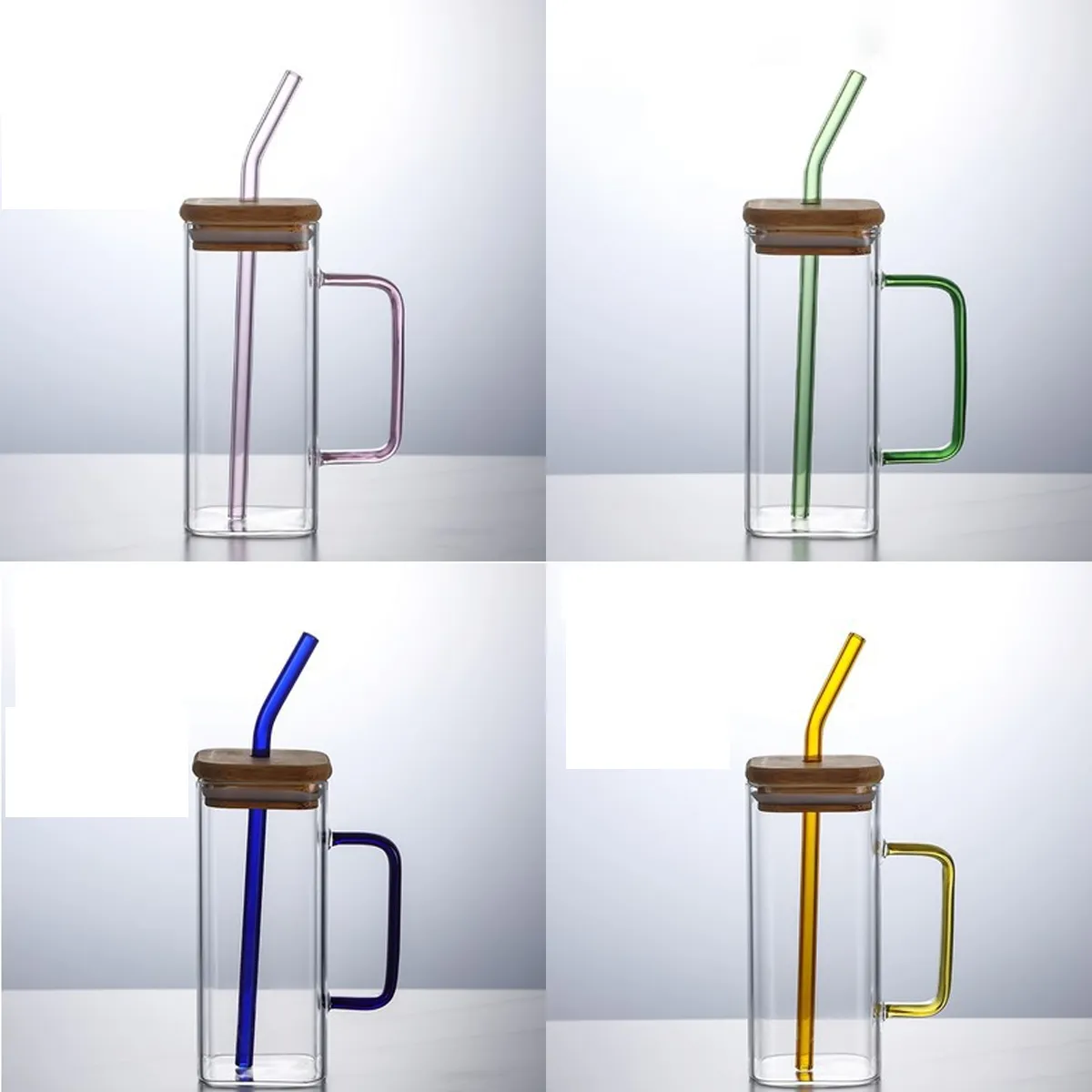 13.5OZ.Water Beverage Clear Glass Cups Pot w/Straw&Lid 5