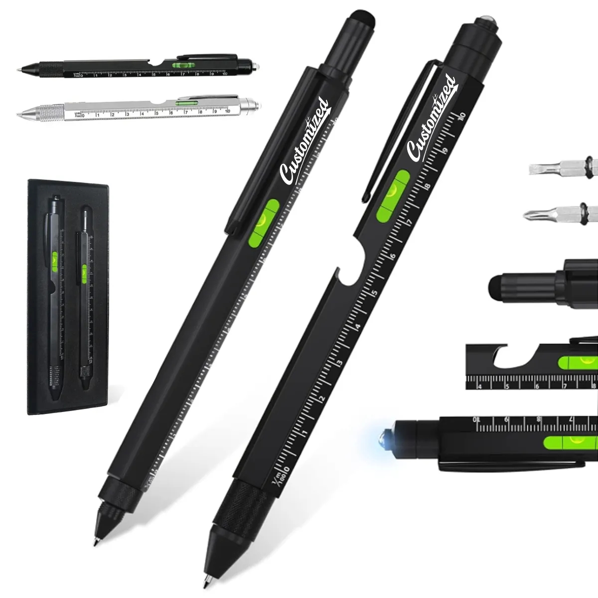 Multi Tool Pen w/ Stylus Ruler Light Screwdriver Opener Set 8