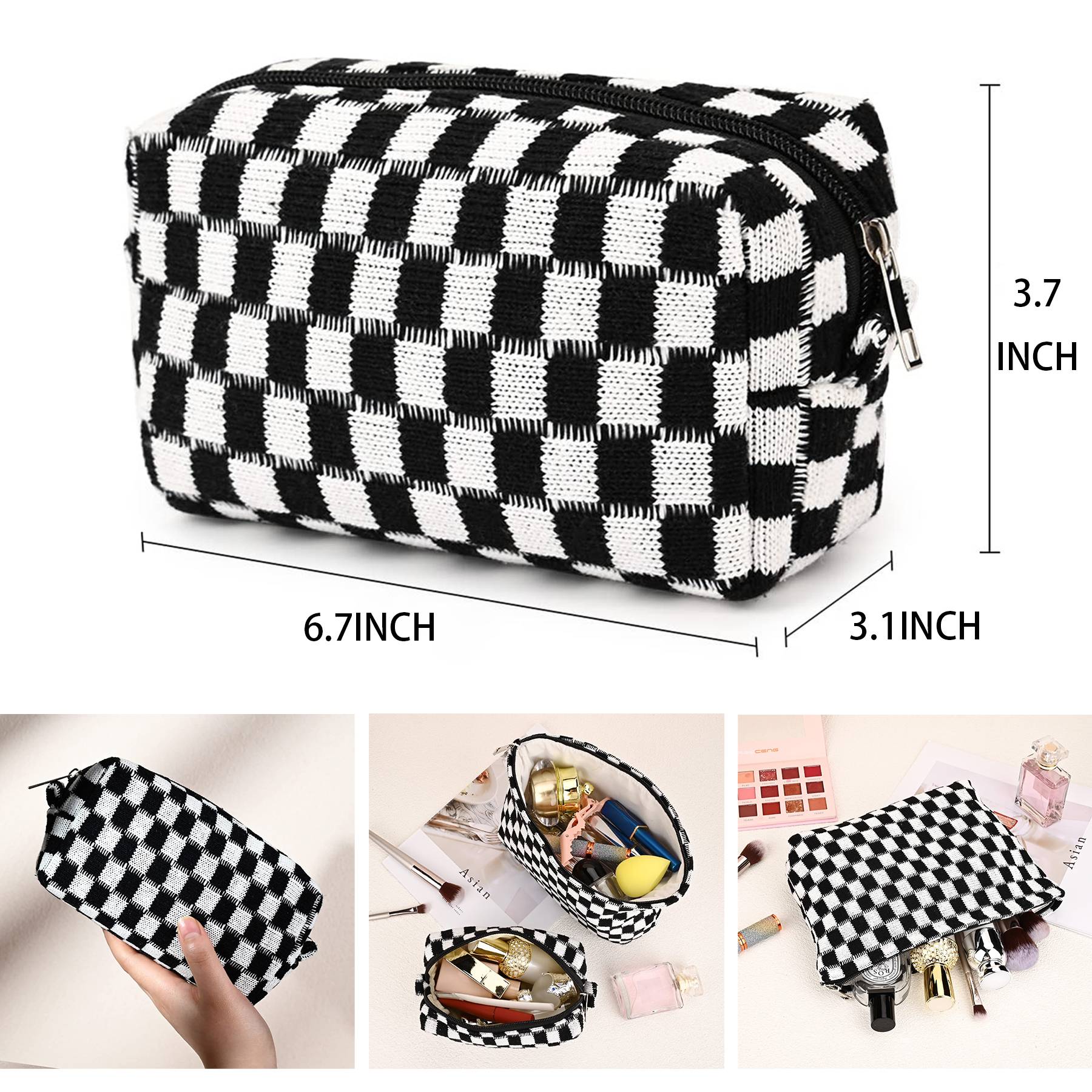 Wool Large Checkered Cosmetic Storage Bag with High Capacity 6