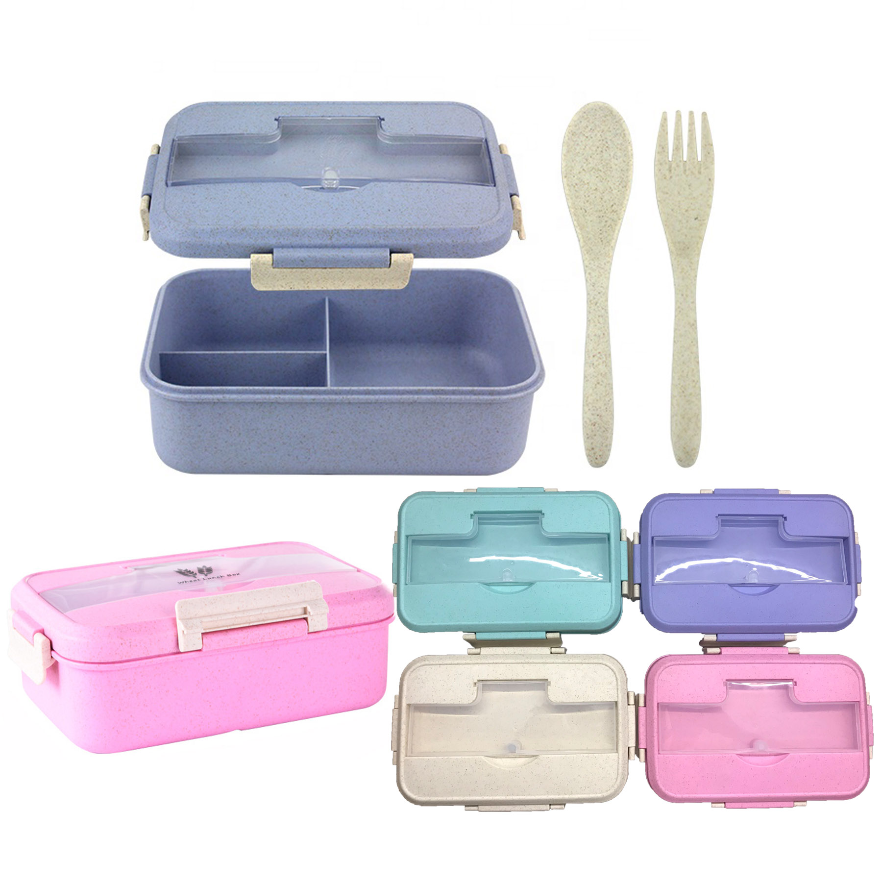 Wheat Straw Plastic Three Compartment Microwave Heating Insulation Bento Box With Spoon Fork 1