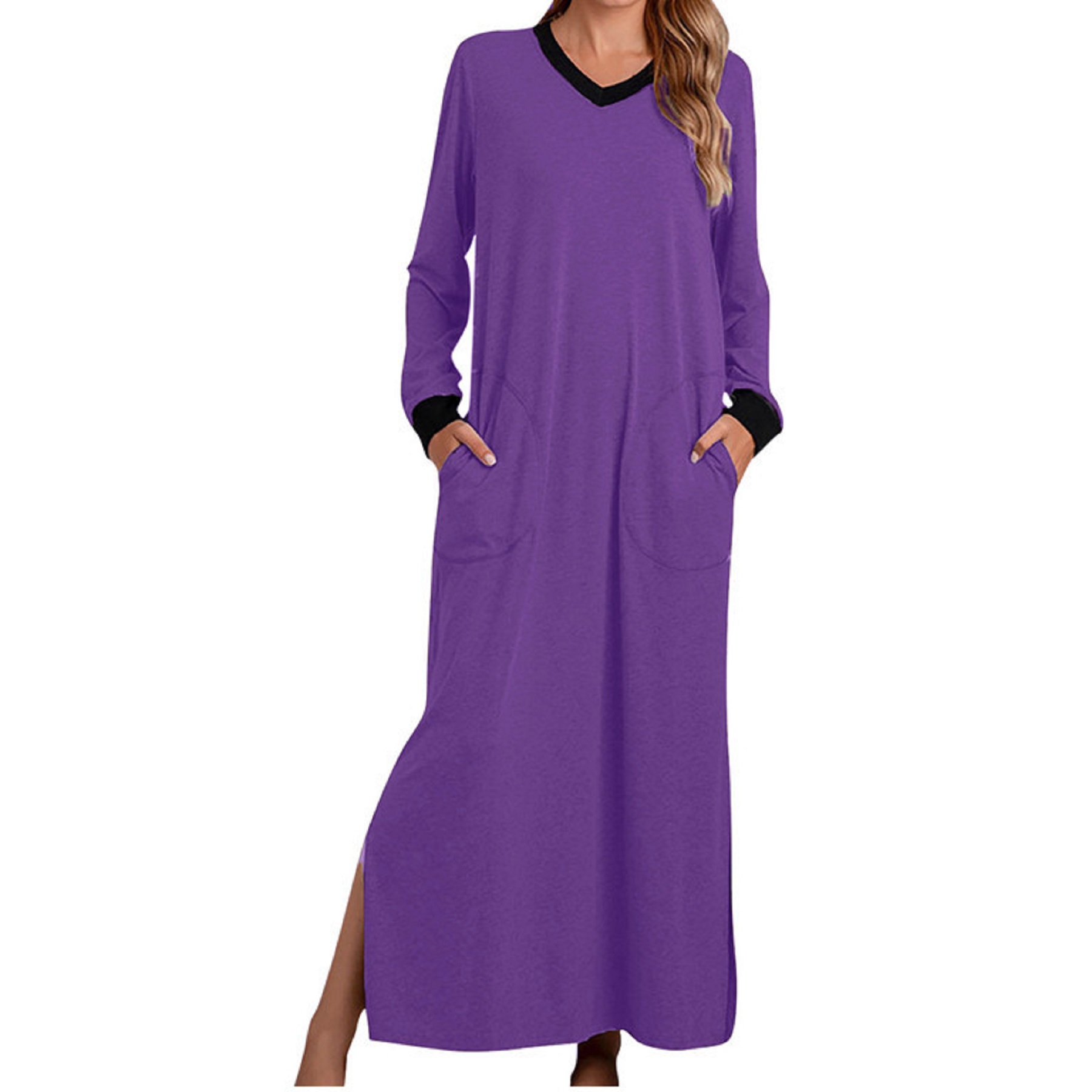 Womens Long Dress V Neck Nightshirts Side Slit 8