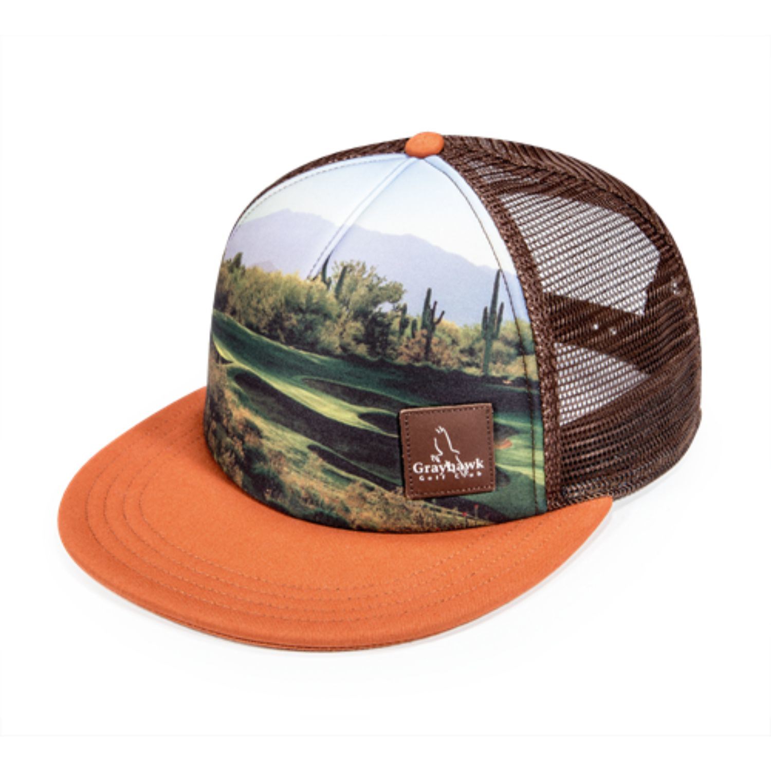Flat bill trucker mesh cap w/ sublimated crown 7