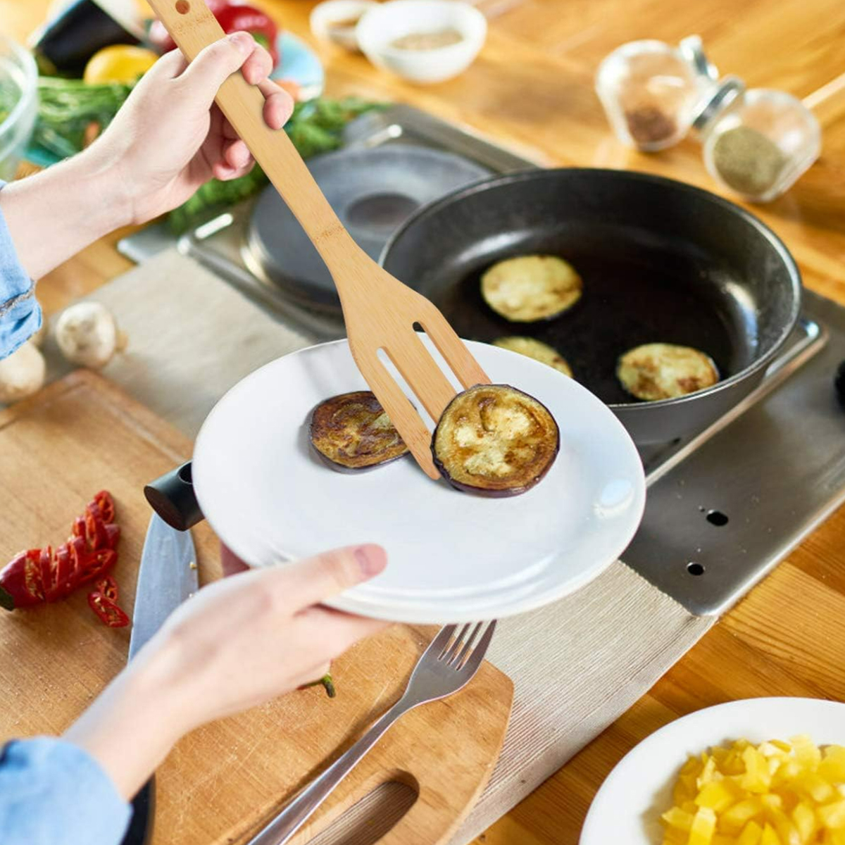 8 Piece Bamboo Cooking Utensil Set with Holder & Tongs 4