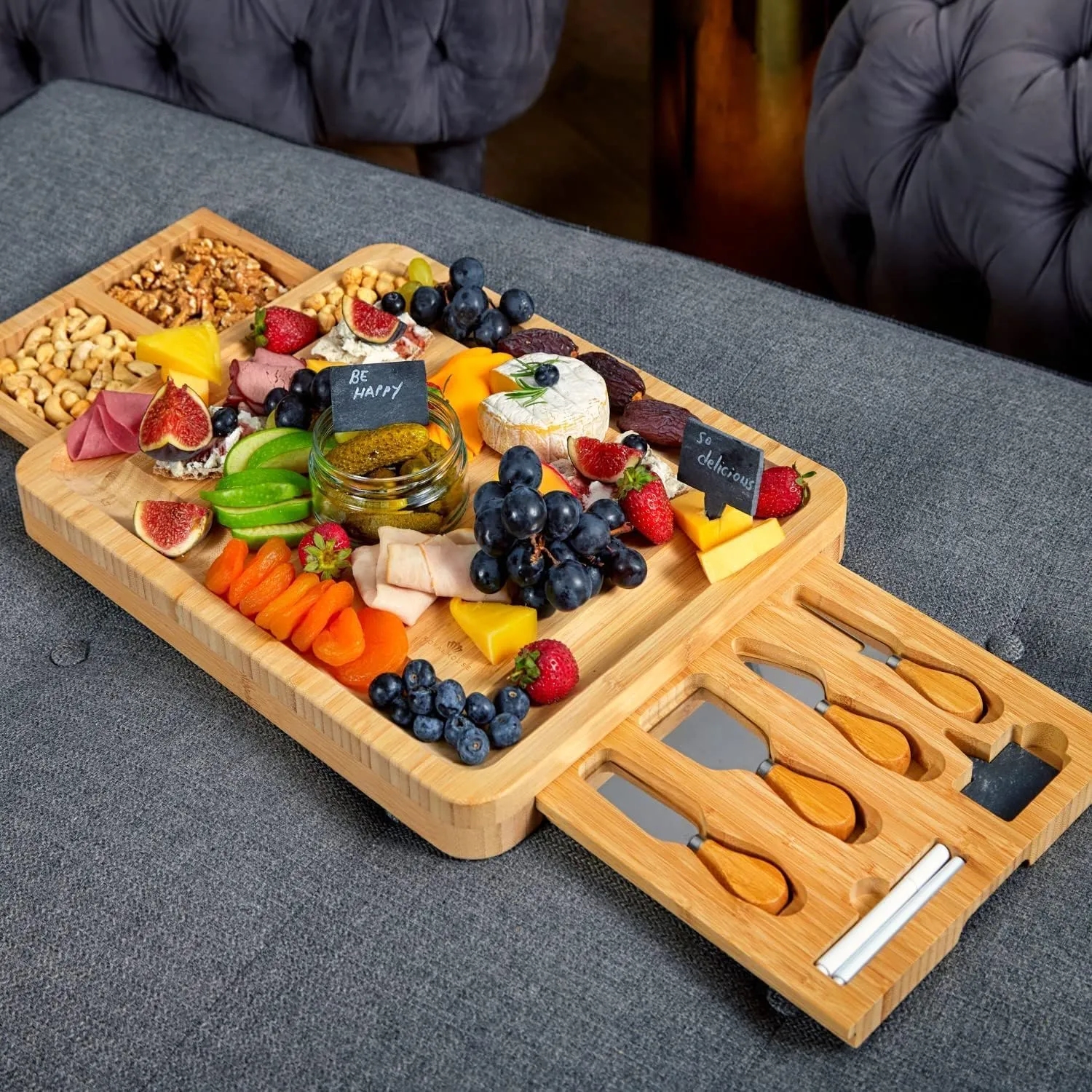 Unique Bamboo Cheese Board and Knife Set with 2 Slide-Out Cutlery Drawers 8