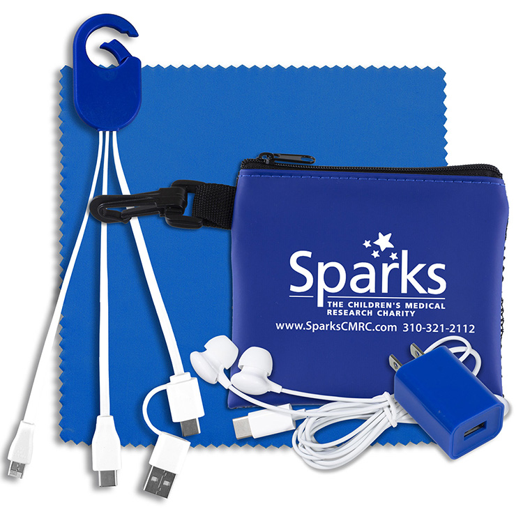 “TechMesh Clip” Mobile Tech Accessory Kit in Mesh Zipper Pouch Components inserted into Zipper Pouch 1