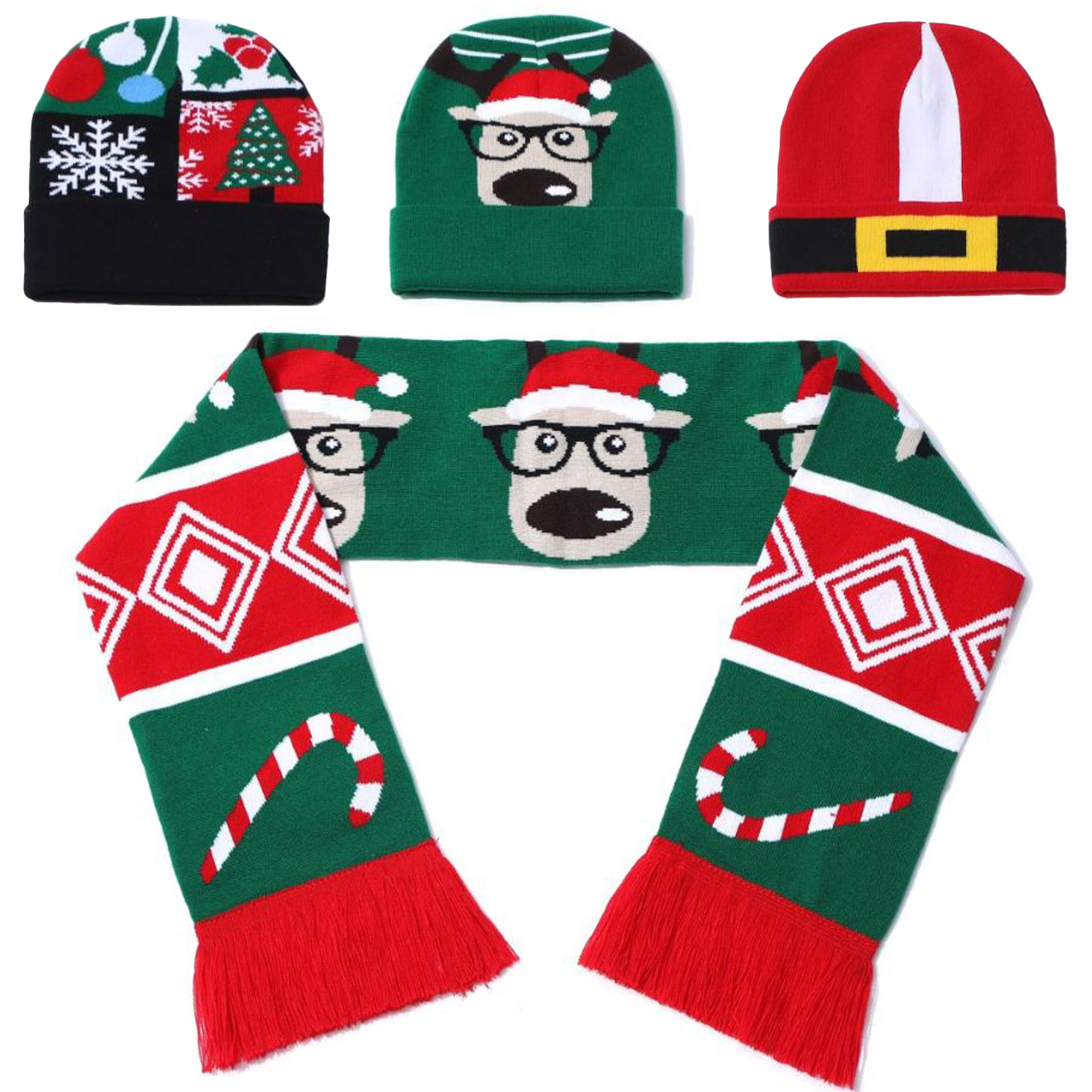 Set of Knitted Cuffed Beanie & Woven Scarf w/ Tassel 1