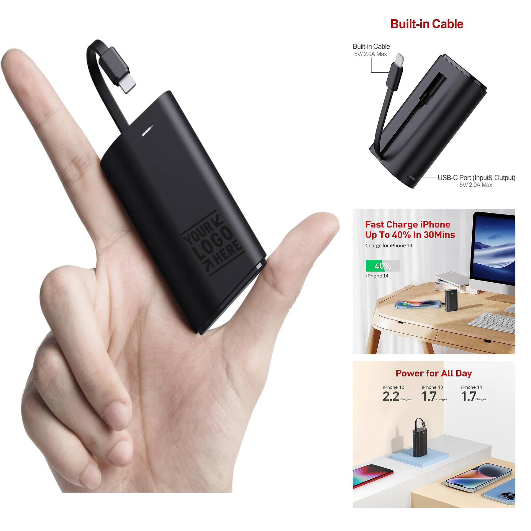 9000mAh Portable Small External Battery Pack Built-in Cable Ultra-Compact Phone Charger Power Bank 