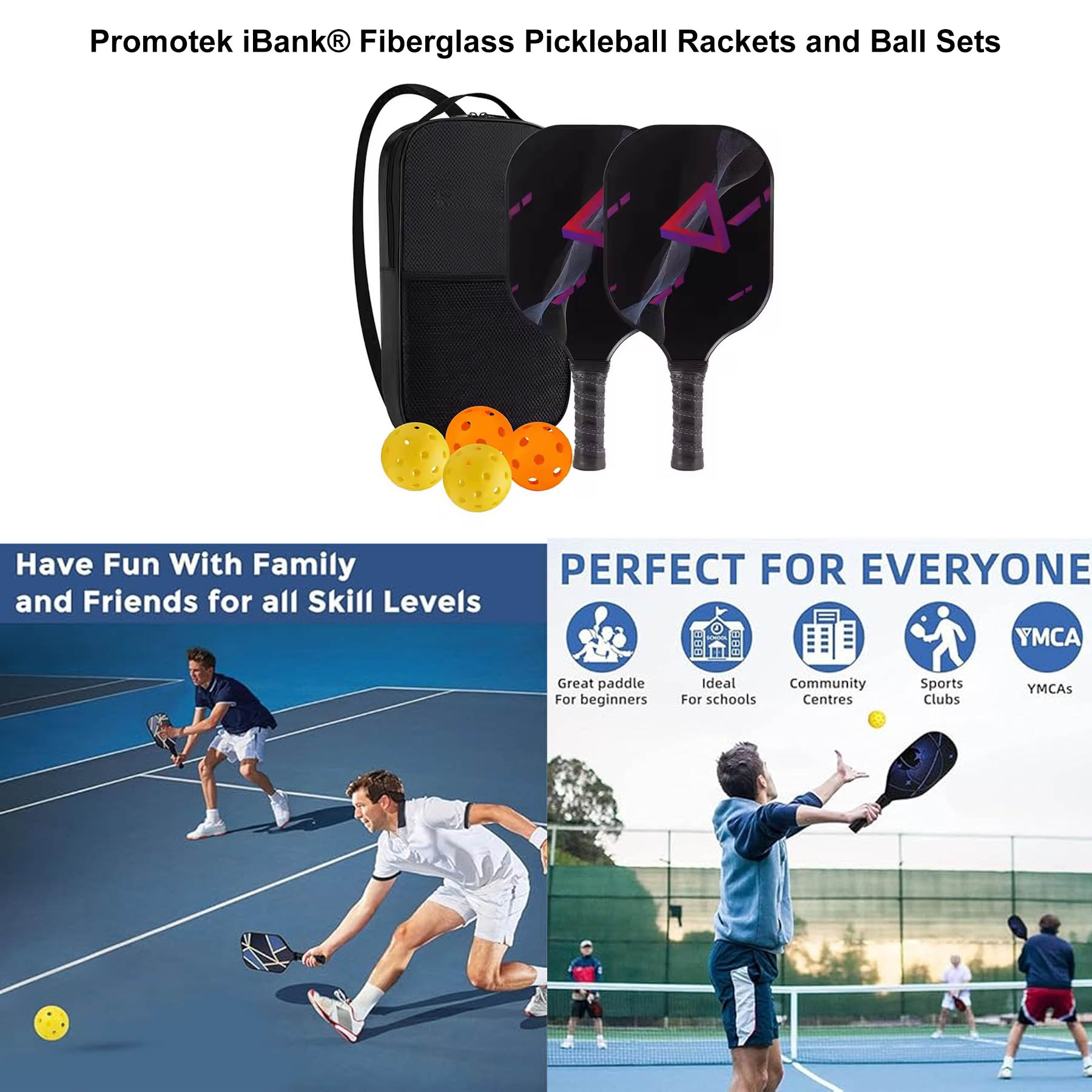 iBank ® Pickleball Set of 2 Paddles with 4 Outdoor Balls and Durable Carrying Case 2
