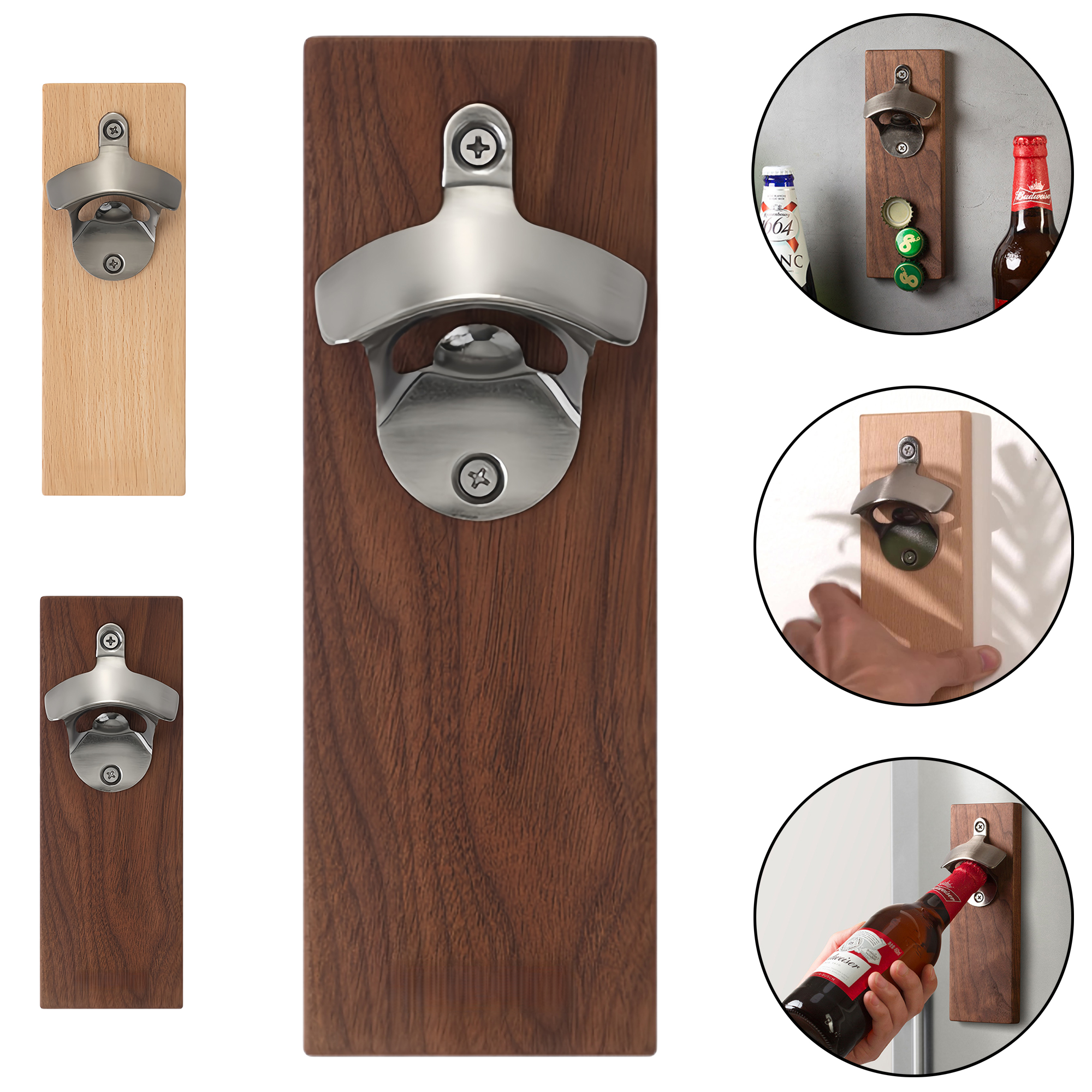 Walnut Wood Beer Bottle Opener with Magnetic Fridge Mount 2