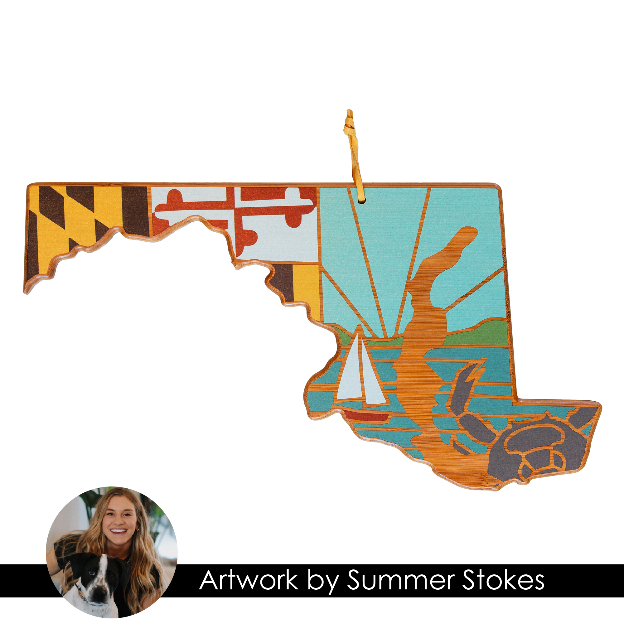 Maryland State Shaped Serving and Cutting Board with Artwork by Summer Stokes 1