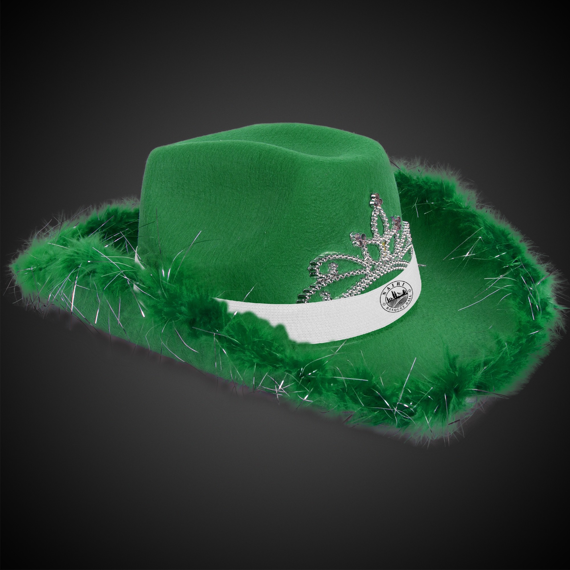 Green Light Up Cowboy Hat w/ Tiara and Feather(White Imprinted Band)