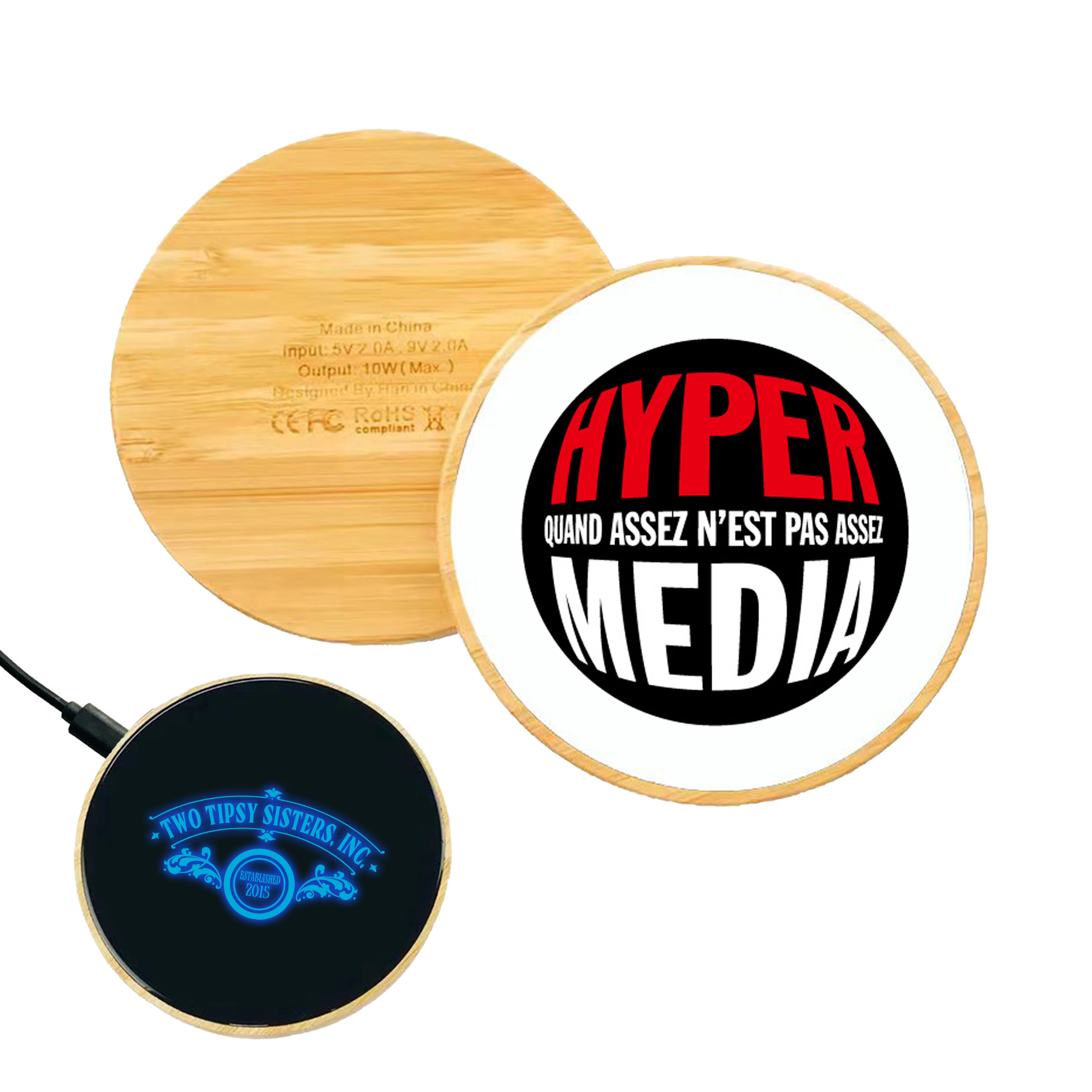 Round Light Up Logo Bamboo Wireless Charger 6
